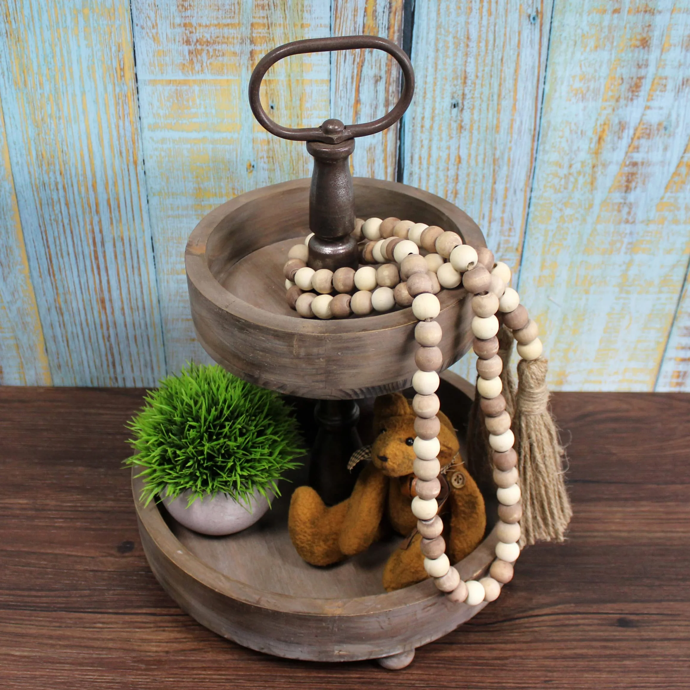CVHOMEDECO. Guirnalda de Cuentas de Madera con borlas, Estilo rústico para oración de Madera, para Colgar en la Pared, decoración del hogar, Festival, Mezcla Envejecida