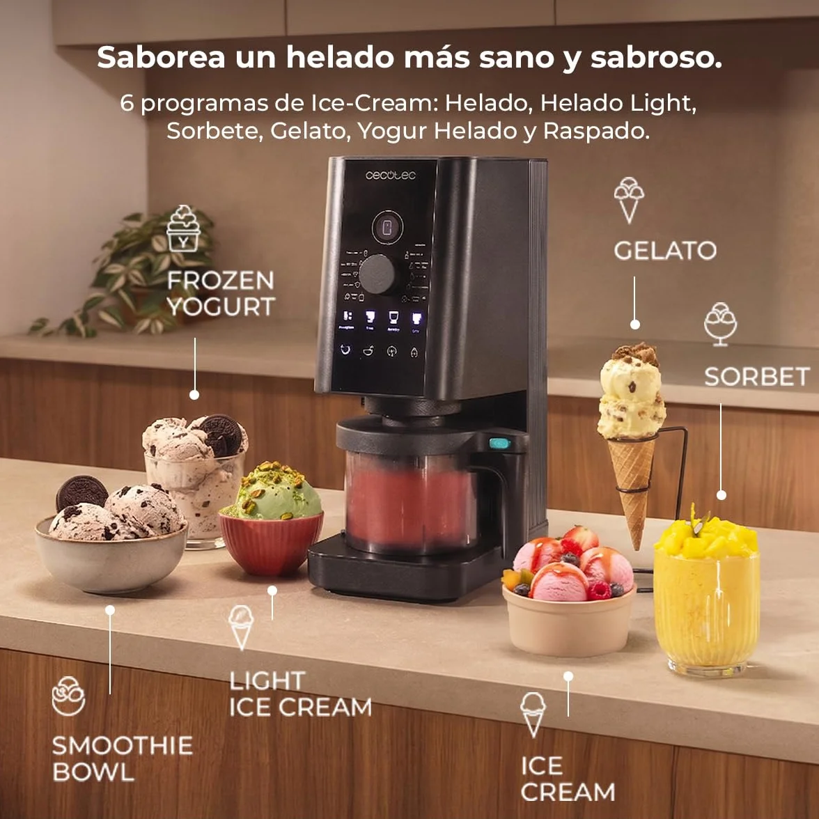 Cecotec Máquina de Helados - Heladera - 1,35L - Gelatec 1800. 700W, 10 Programas, Botones Táctiles y Mando Giratorio, Helados y Bebidas en 3 Pasos, 3 Tarrinas BPA Free, Cremosidad Perfecta