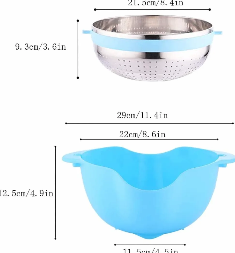 Colador Colador 2 en 1 Cestas de Frutas giratorias para Cocina Coladores microperforados Desmontables Autodrenantes para Pasta Arroz Espagueti Fideos Ensaladas Verduras (Azul)-Blue