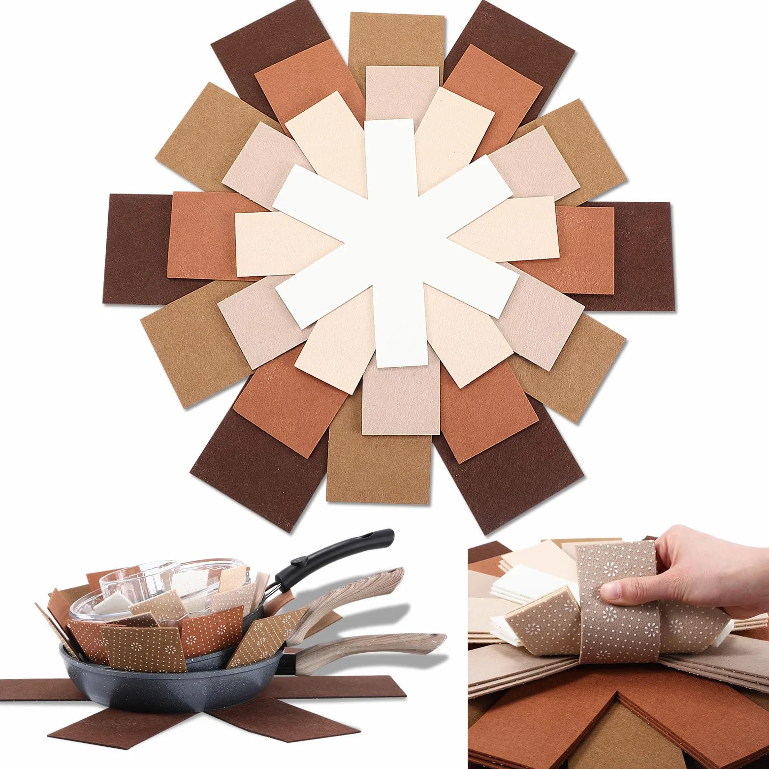 Queekay 24 protectores para ollas y sartenes, 6 tamaños diferentes para apilar, separadores de ollas y sartenes de fieltro, separadores de almohadillas separadoras, evita arañazos en los utensilios de