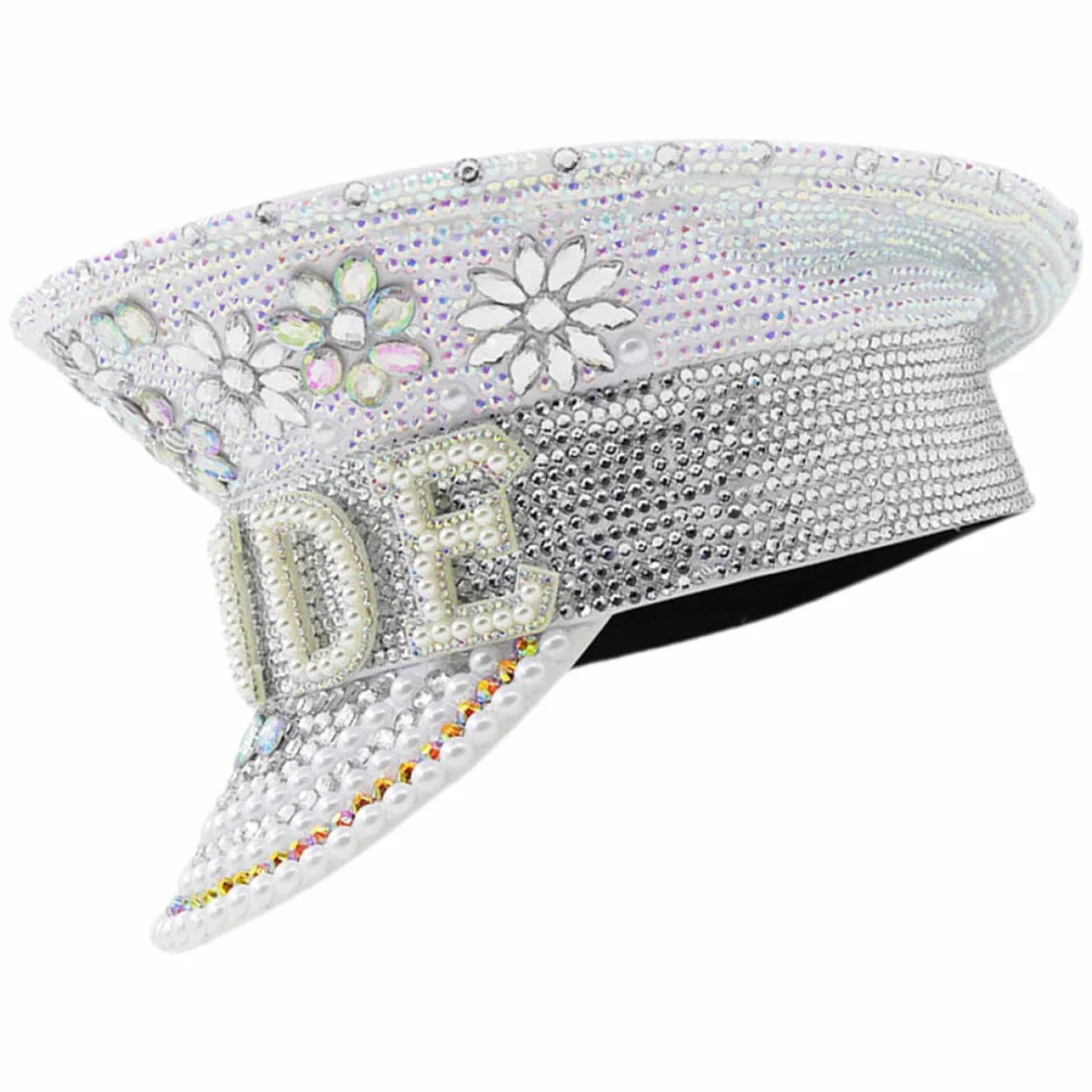 Ciieeo Sombrero de Novia Blanco Gemas de Imitación, Gorra de Capitán Ajustable para Despedida de Soltera y Bodas, Accesorio Elegante para Fiesta y Evento Nupcial
