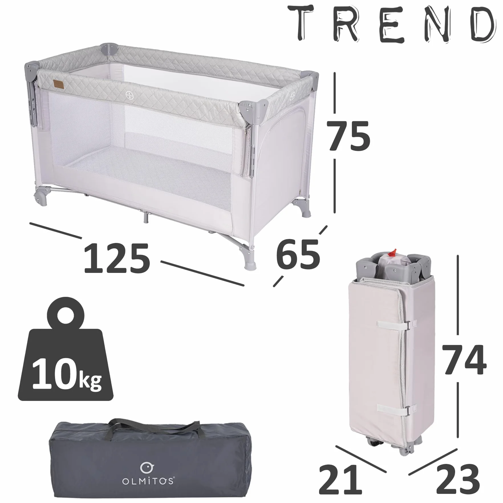 Cuna de Viaje Colecho 3 en 1 Trend Cun con Mosquitera 0-3 años (0-15kg) Plegable, Doble Altura, Lateral Abatible, Parque de Juegos, Bolsa de Transporte Gris Claro