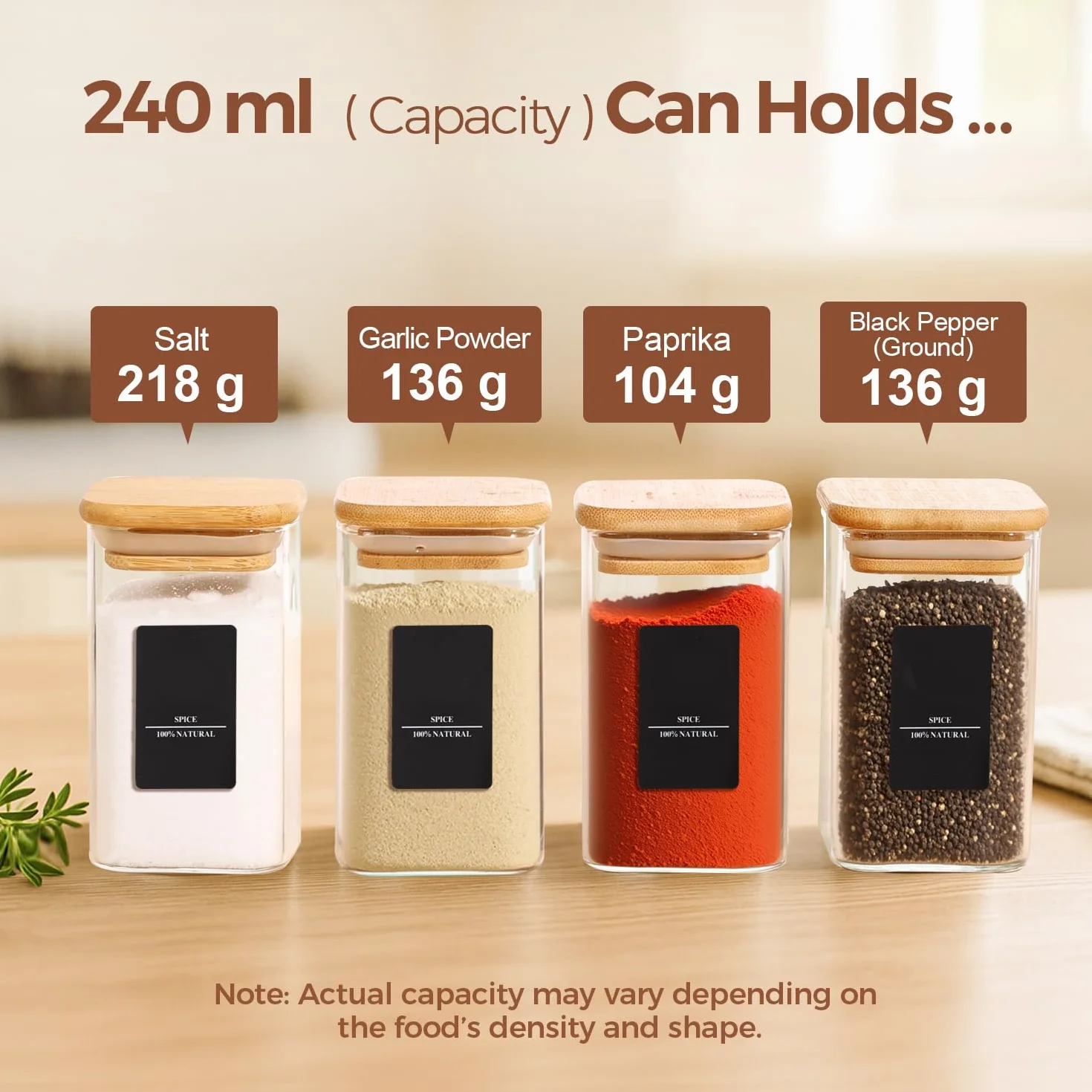 ComSaf 6 tarros de especias de vidrio de 240 ml con tapas y etiqueta, botella de especias de vidrio con tapas de bambú, juego complementario, recipiente pequeño para especias, perfecto para