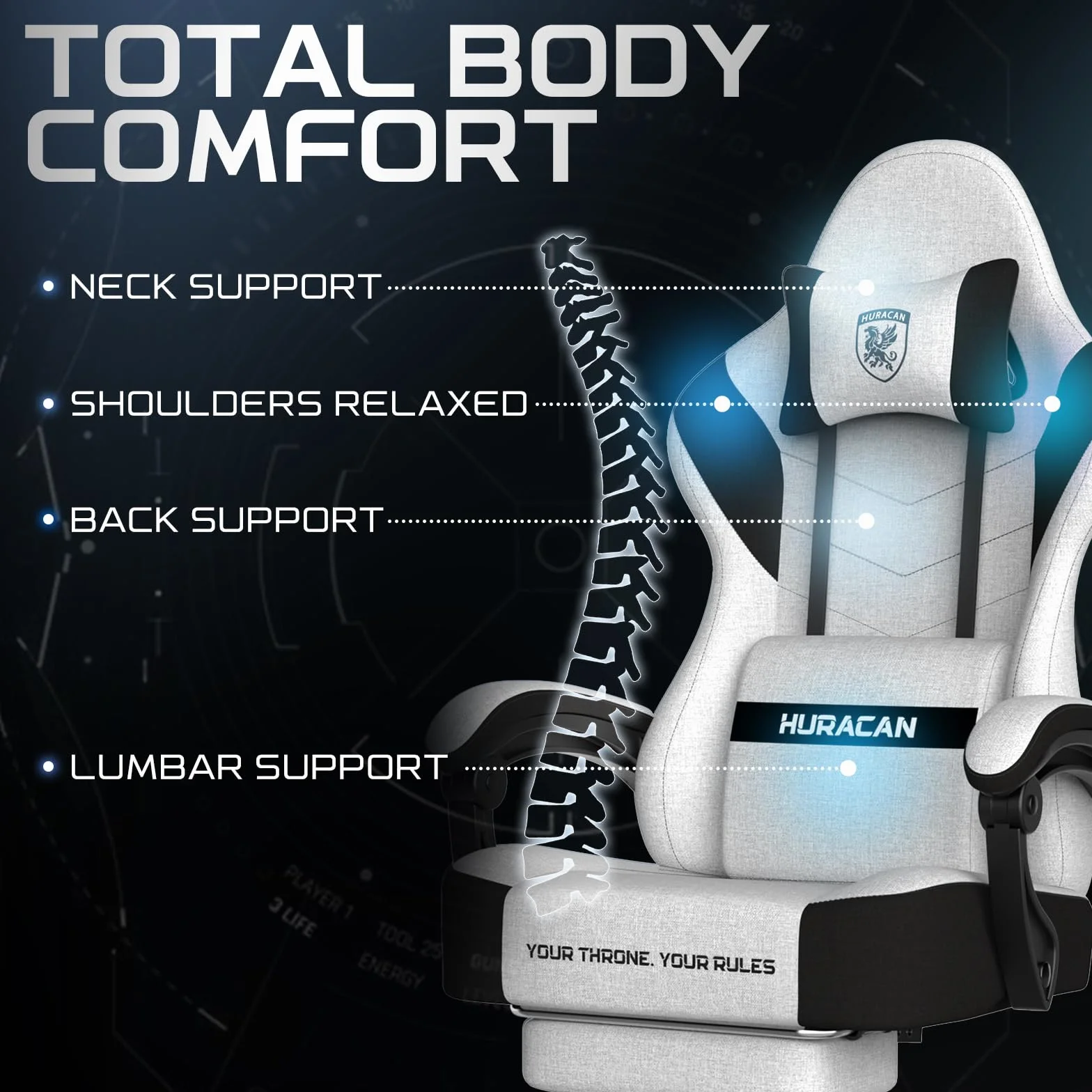 Verdego Silla Gaming, Silla Gamer Ergonómica con Masajeador Cojín Lumbar, Reposapiés Retractable y Reposacabezas, Tela de Poliéster, Reclinable 90-135°, Altura Regulable, Sillas Gaming, Blanco