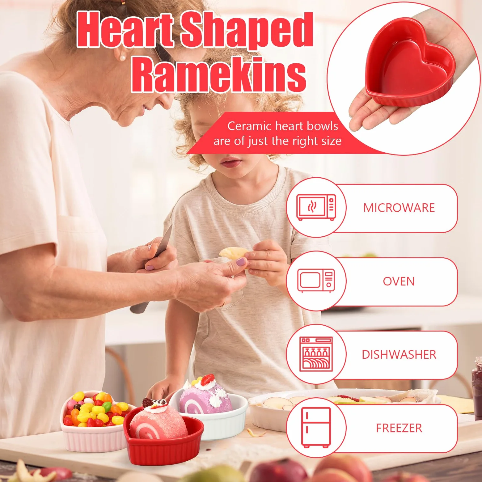 Ramequines de cerámica con forma de corazón para el día de San Valentín, 6 onzas, aptos para horno, platos de crema brulee, cuencos pequeños para hornear, para cocina, fiesta, aperitivos, servir,