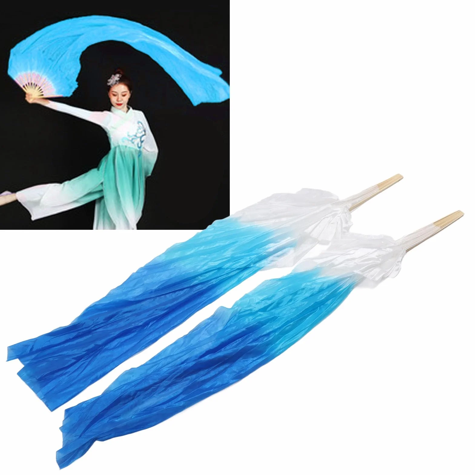 Abanico de Baile Largo 1,5 M Seda con 16 Varillas Resistentes para Danza del Vientre Azul Lago y Azul