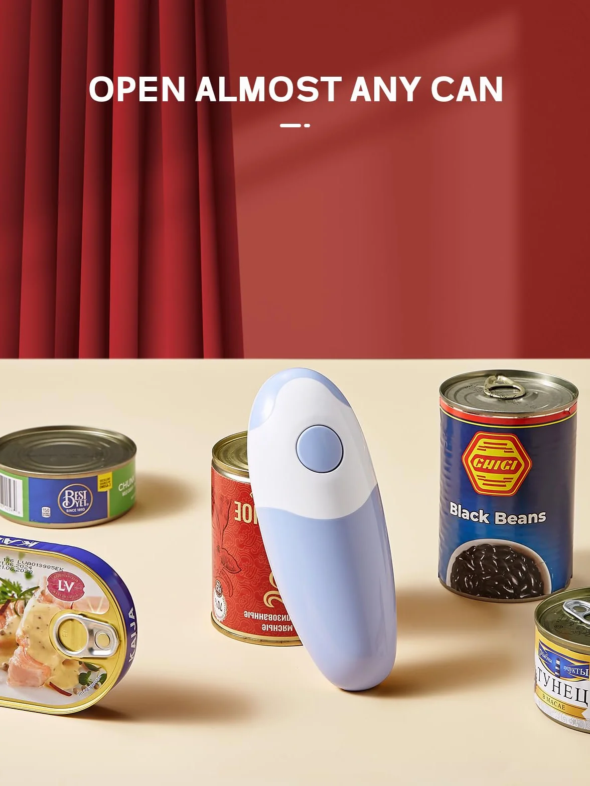 Reemix - Abrelatas eléctrico, funciona con pilas, se adapta a todos los tamaños de latas, operación simple con un solo toque, automático, manos libres, borde liso (batería no incluida), azul y gris