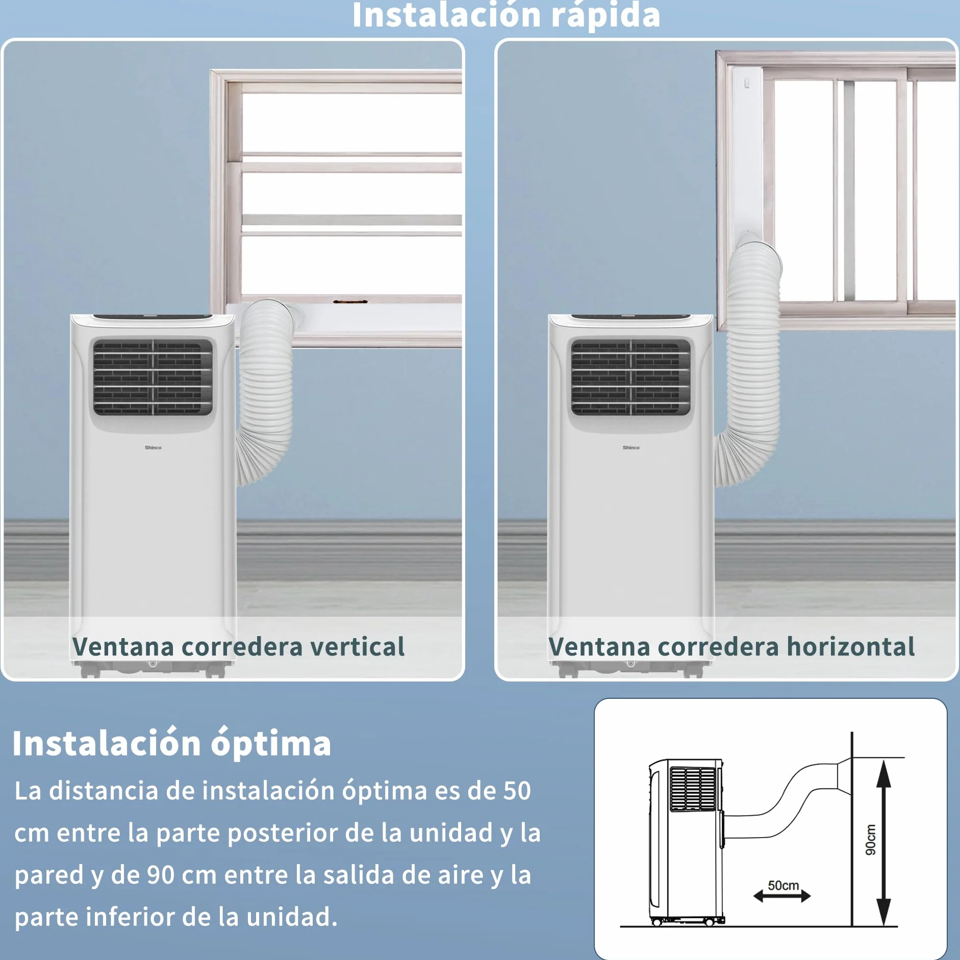 SHINCO 9000BTU Aire Acondicionado Portátil con Función 3 en 1, Aire acondicionado, Deshumidificador, Ventilador, Modo de suspensión, Para máximo de 22㎡, Temporizador de 24 horas, Kit de Ventana