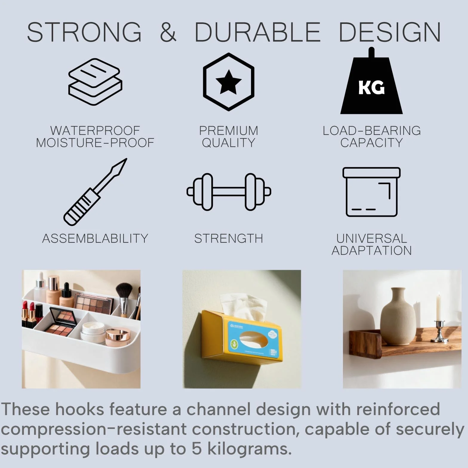 Ganchos adhesivos (ganchos mágicos) - Pack de 5 | 5 kg de capacidad de carga & Sin perforación | Ganchos adhesivos impermeables para pared para baño, cocina, dormitorio y entrada | Organizador