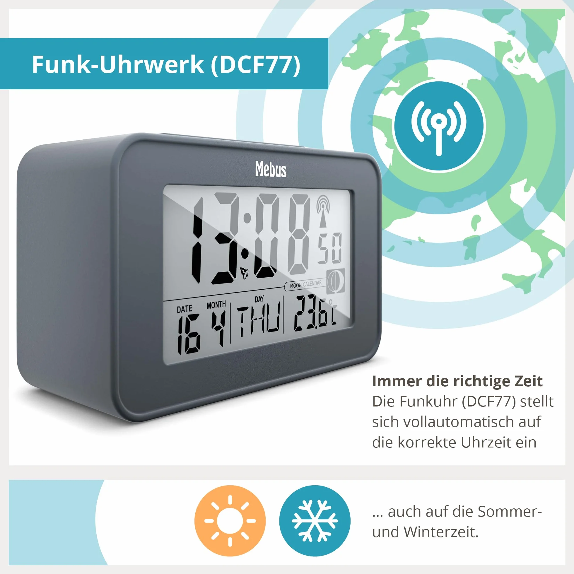 MEBUS digitaler Funk-Wecker mit Mondkalender, Beleuchtung, Innenthermometer, Schlummer-Funktion/Material: Kunststoff/Farbe: Grau/Modell: 51460