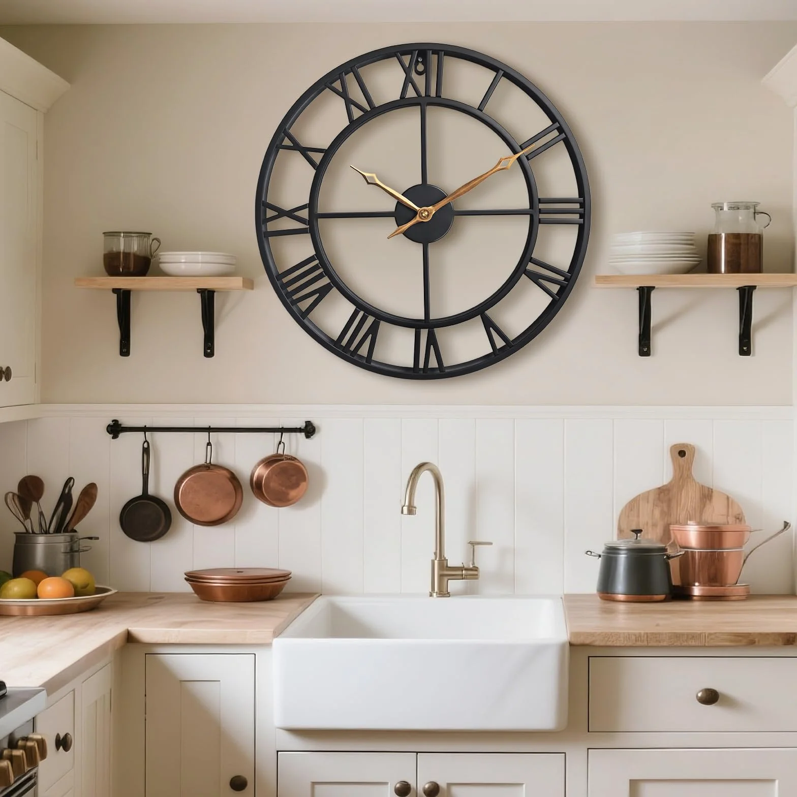 Reloj de pared grande, redondo, silencioso, industrial, vintage, de metal negro, estilo rústico, con grandes números romanos
