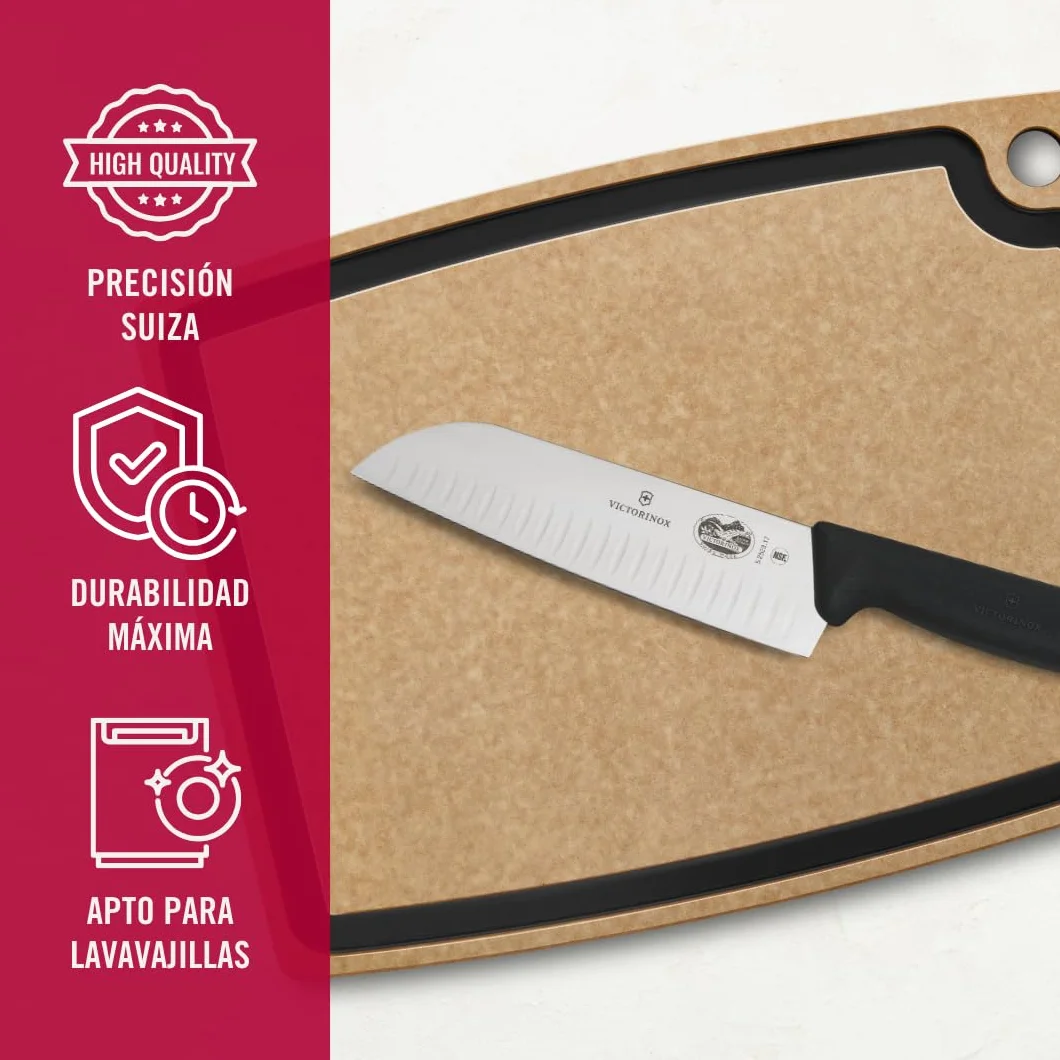 Victorinox Fibrox Cuchillo Santoku con hendiduras, cuchillo de cocina japonés para carne, pescado y verdura, 17 cm, afilado, acero inoxidable, negro