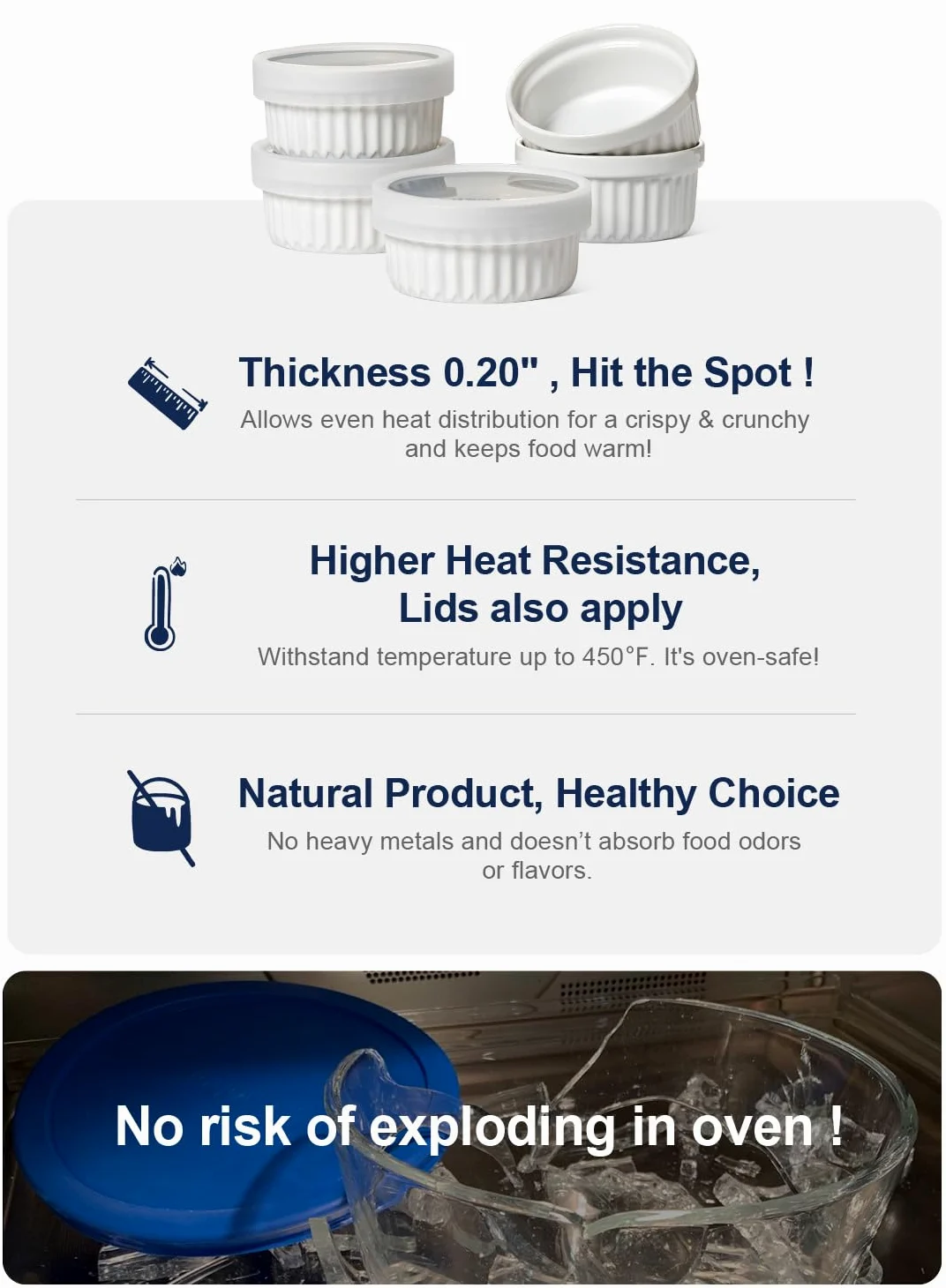 LE TAUCI 6 X 120ml Ramekines, Moldes para soufflé, Tazones de Cerámica Apilables para Air Fryer, Hornear, Pudding, Servir Dip, Custard, Ice Cream, Set de 6, Blanco