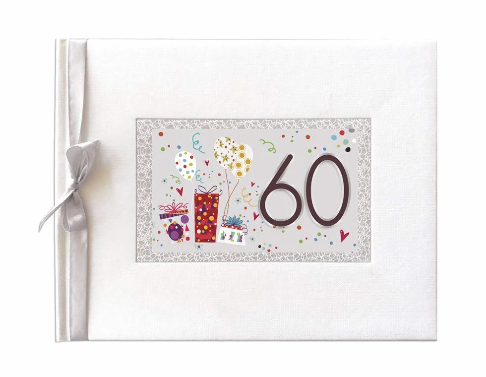 Libro de Firmas 60 Cumpleaños – Tapa Dura con Lazo de Raso | Papel Grueso 160g | 64 Páginas para Mensajes, Fotos y Huellas | Recuerdo y Decoración para Fiesta Especial | Arguval