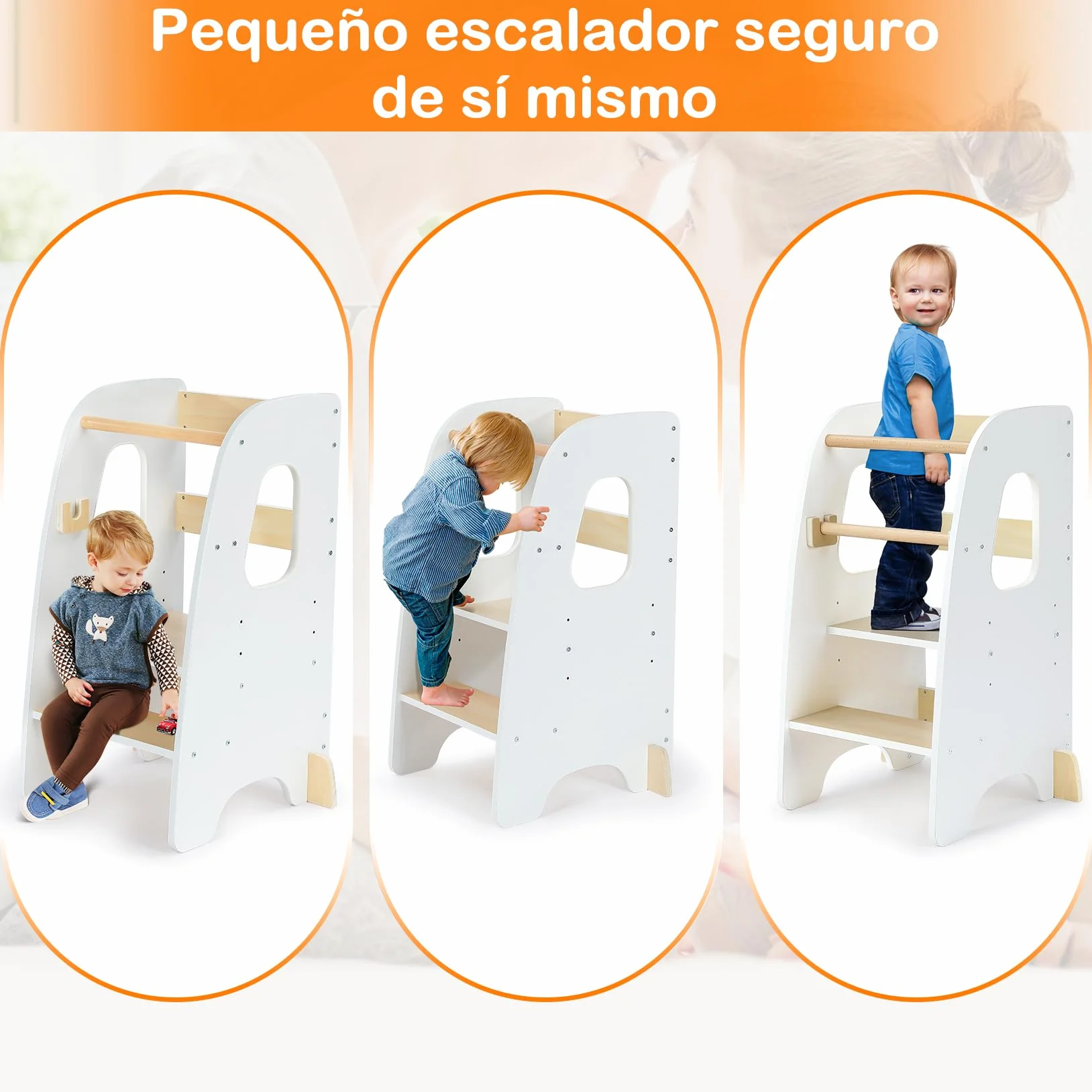 Ezebaby Torre de Aprendizaje Montessori Madera Altura Ajustable con Barandilla de Seguridad para Niños 1-6 Años Blanco