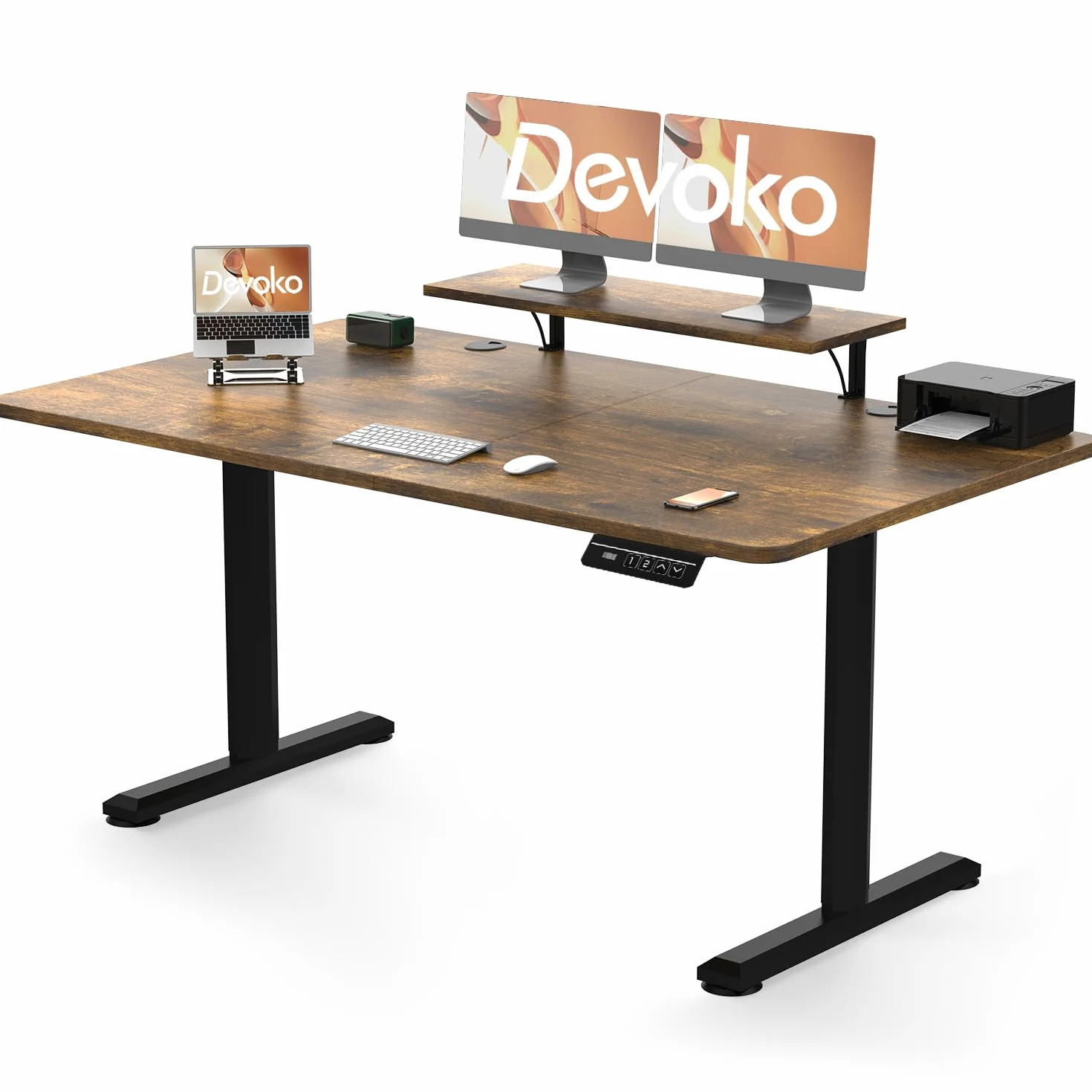 Devoko Escritorio Elevable Eléctrico con Tablero 160 x 70cm, Escritorio Regulable en Altura 73-118cm, 2 Opciones de Memoria Inteligente para Estudiar, Trabajar(160×70cm,Marrón)