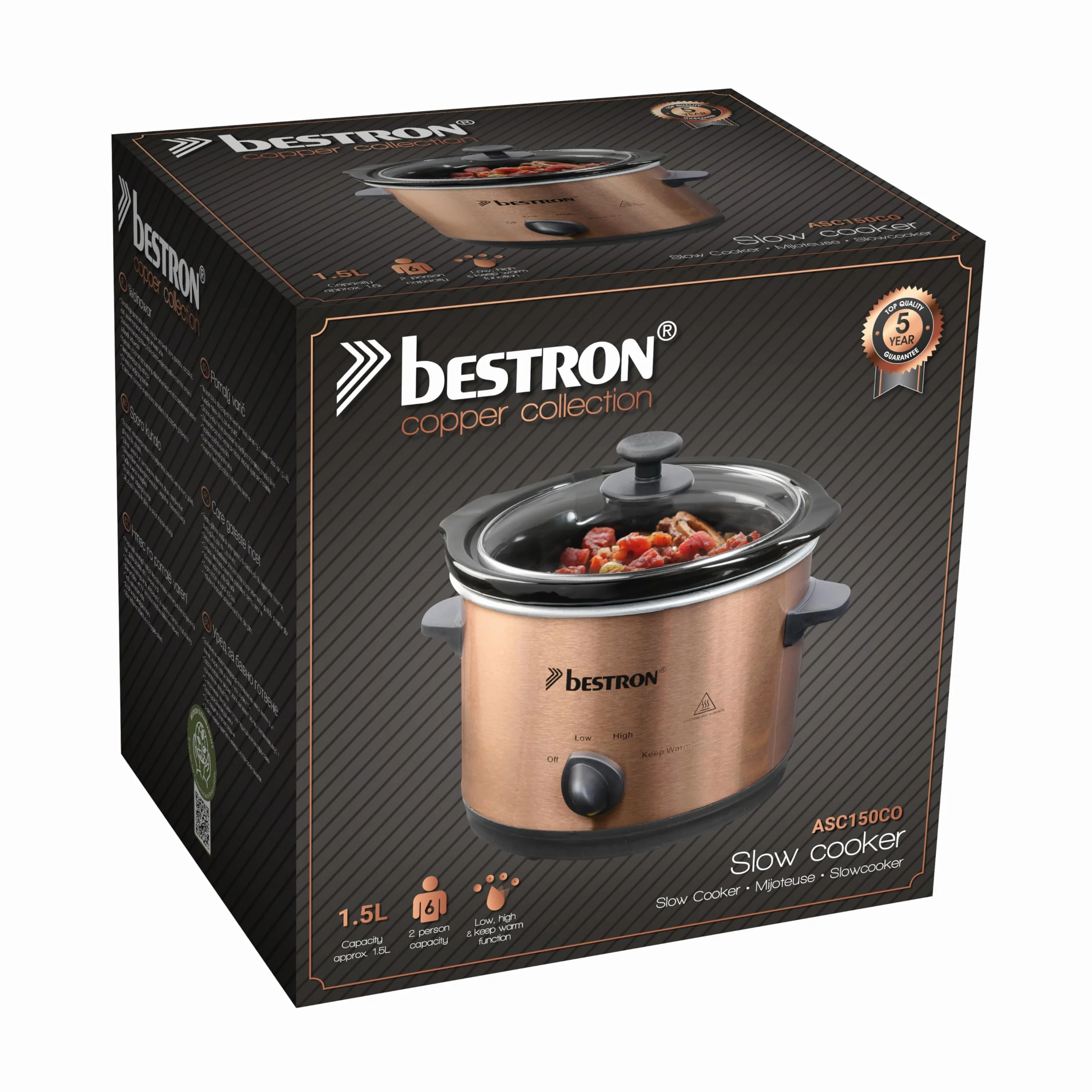 Bestron Slowcooker 1.5 L Olla de Cocción Lenta Cerámica 3 Niveles Cobre