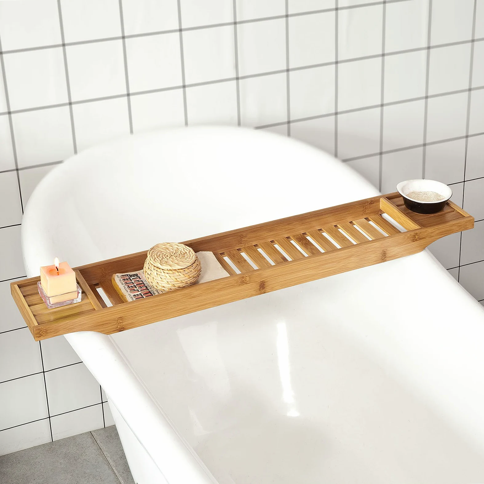 SoBuy FRG212-N,ES Bandeja de Bambú para Bañera,Estante de Baño,L80cm,con Soporte para Libro, iPad y Móvil