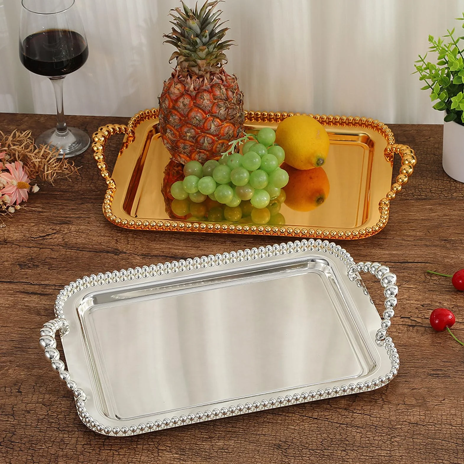 Ejoyous Bandeja para Servir de Acero Inoxidable, Plato Rectangular con Acabado de Espejo de 16,5 X 11,0 Pulgadas, Borde con Cuentas y Asas Dobles, Organizador de Tocador para Fiesta, Boda, Bar, Baño