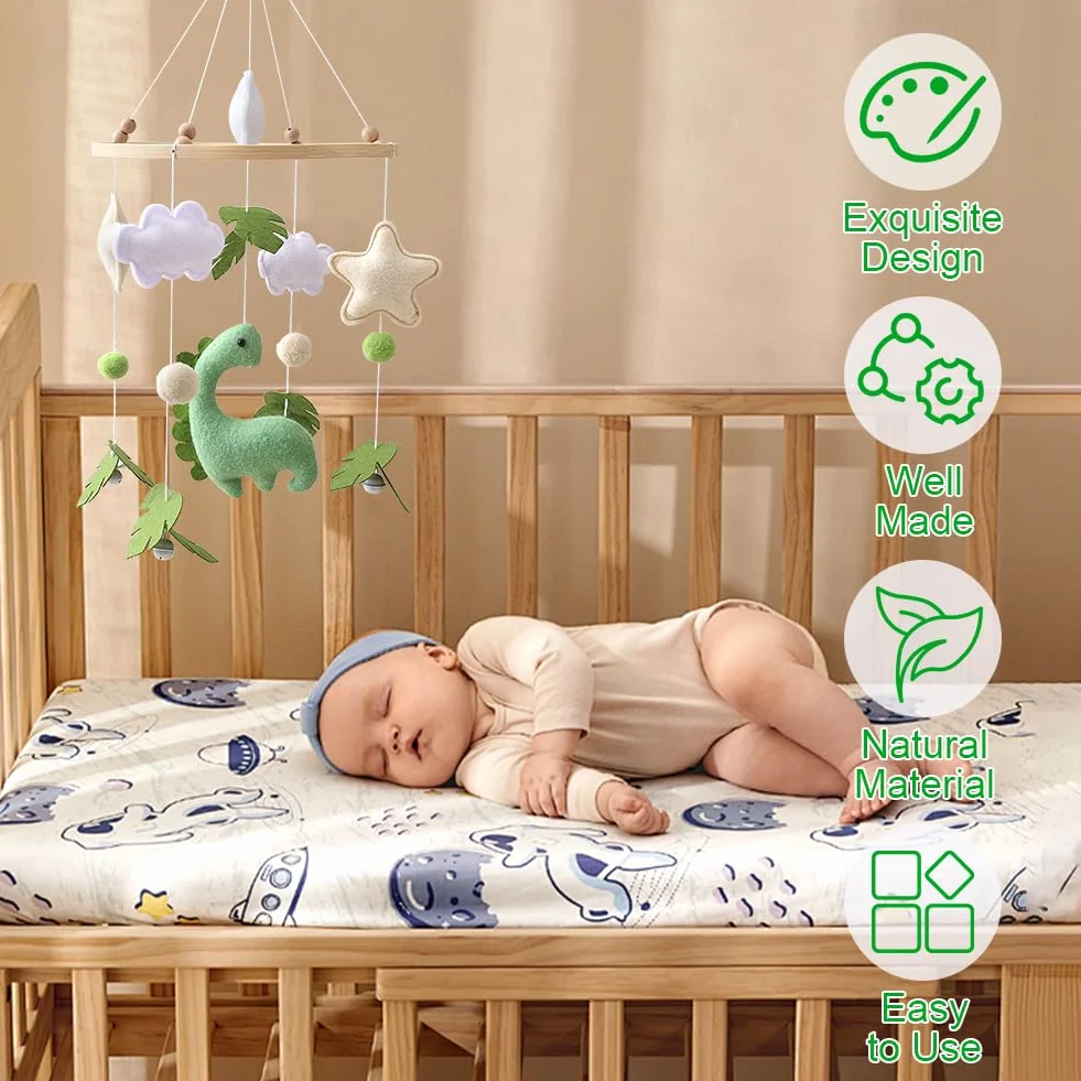 Movil Cuna Bebe de Madera Dinosaurios Hojas Nubes Estrellas Cascabeles Regalo