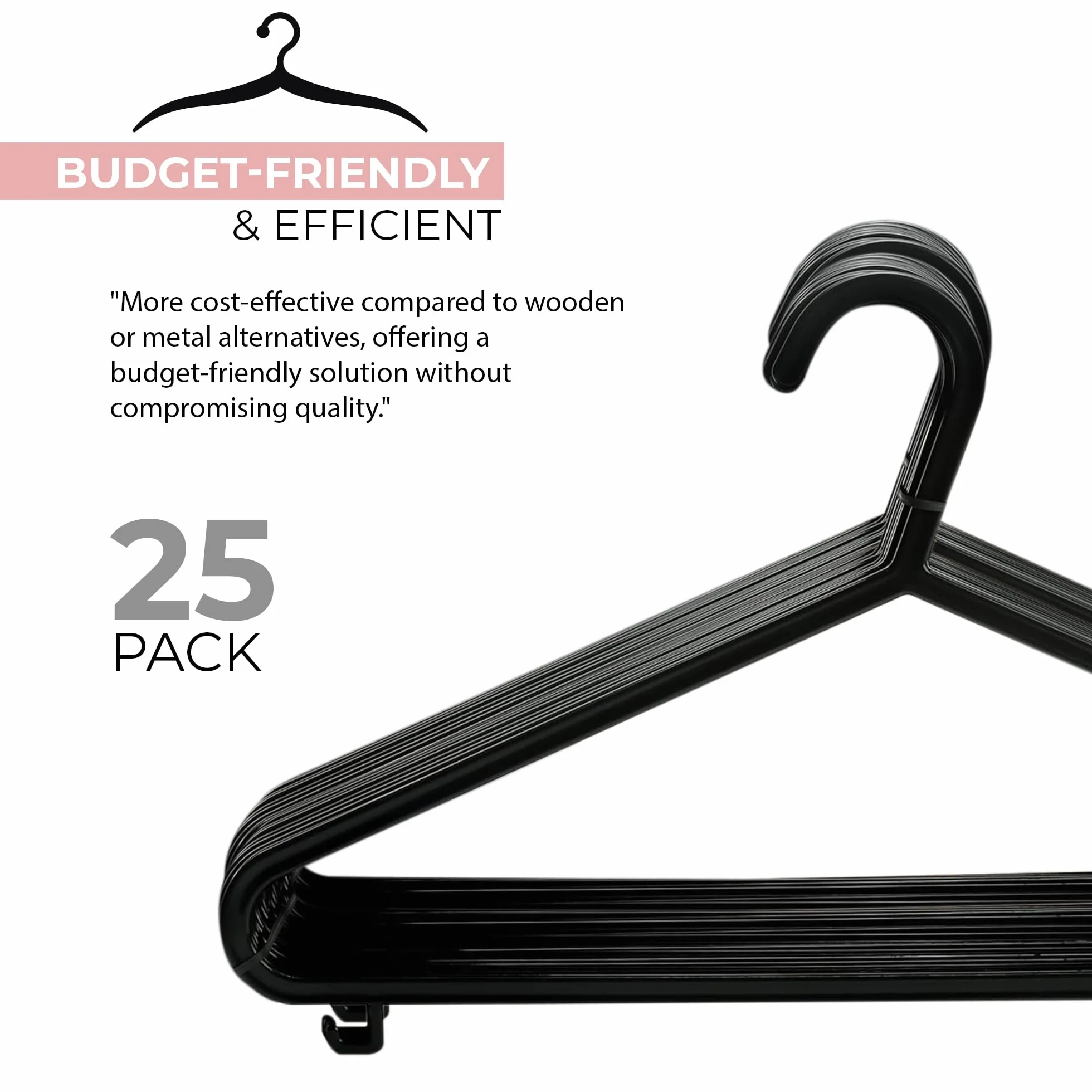 Roe Tenpo Perchas para Abrigos, Paquete de 25 Unidades, Color Negro, Perchas de plástico para Ropa para Adultos, duraderas y Ligeras, diseño Antideslizante Que Ahorra Espacio para Camisas, Chaquetas