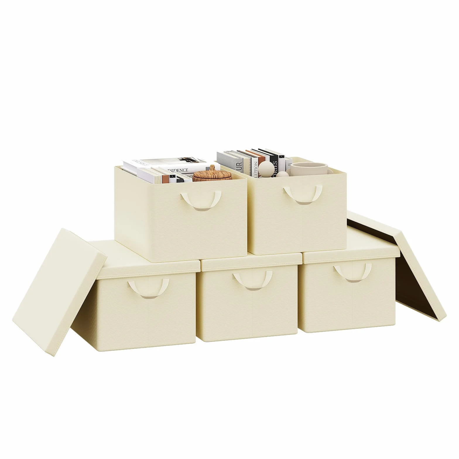 WOLTU Cajas de Almacenaje con Tapa, Juego de 5 Cajas Plegables, 5 Cajas Organizadoras con Asas, Cajas Almacenaje de Tela, Cestas Resistentes para Ropa y Juguetes, Crema, 43x26x33 cm