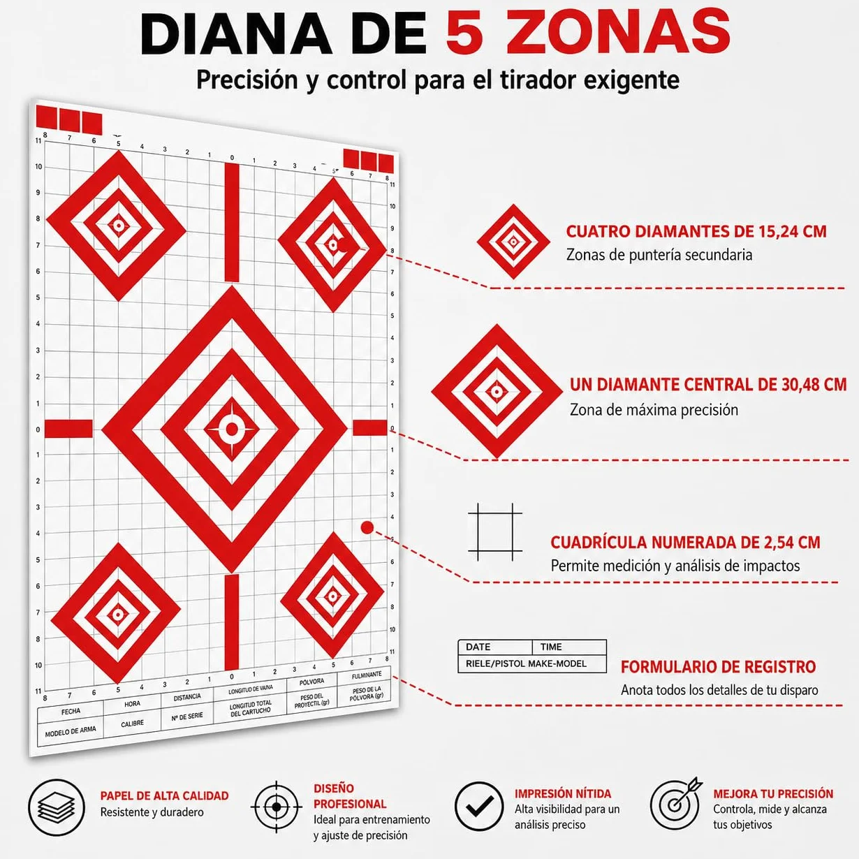 Pack 50 Dianas de Papel para Tiro 43 x 63,5 cm – Blancos con 5 Zonas – Alta Visibilidad – Pistola, Rifle, Aire Comprimido