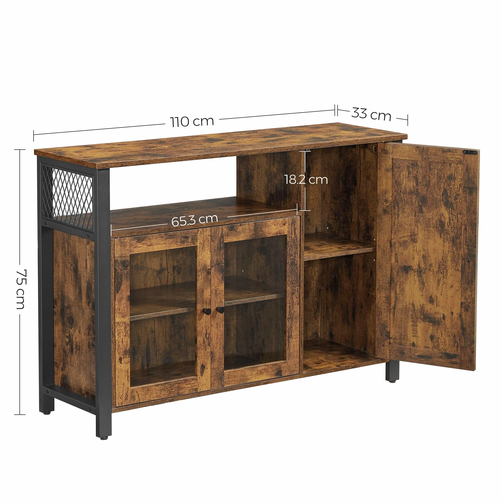 VASAGLE Aparador, Armario de Cocina, Armario de Almacenaje, con 3 Puertas, para Salón, Cocina, Comedor, 33 x 110 x 75 cm, Estilo Casa de Campo, Marrón Rústico y Negro LSC096B01