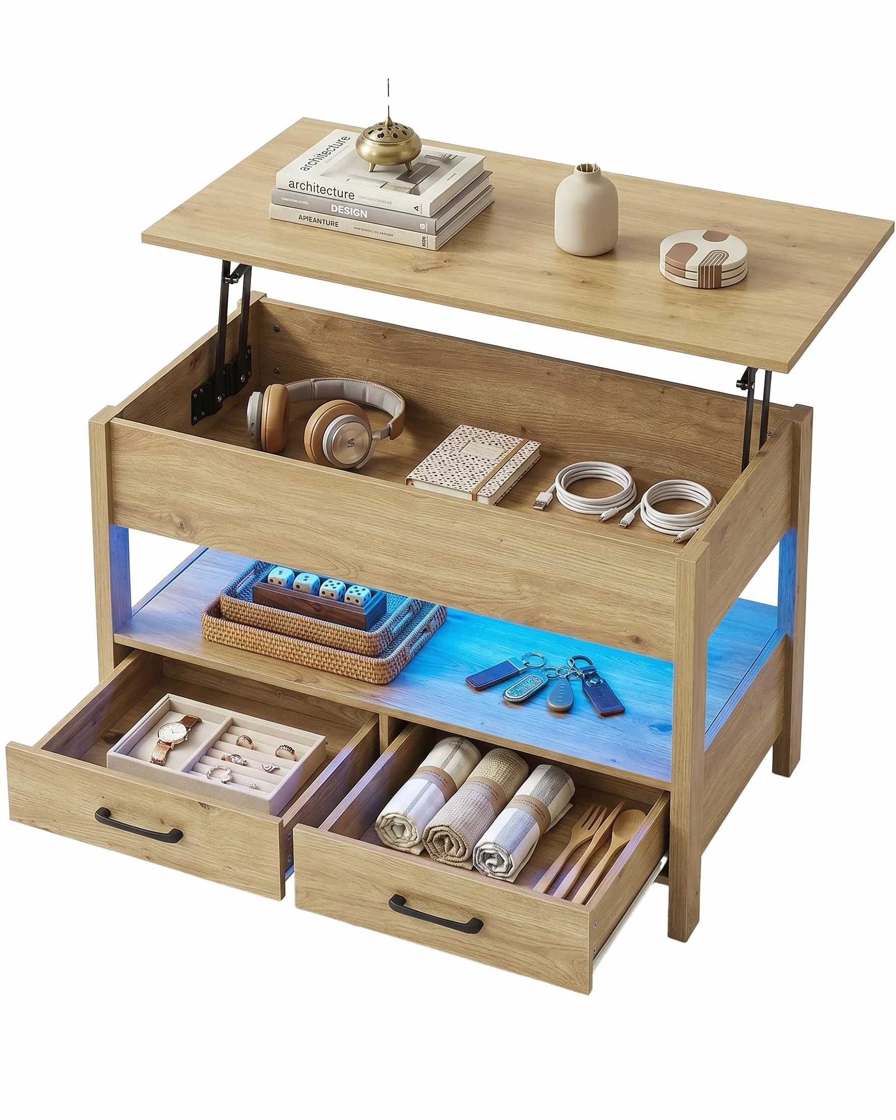 Mesa de Centro Elevable con LED RGB, Mesa Elevable y Extensible para Salón, Mesa Auxiliar Inteligente con Almacenamiento, Mesa para Sofa con Altura Ajustable