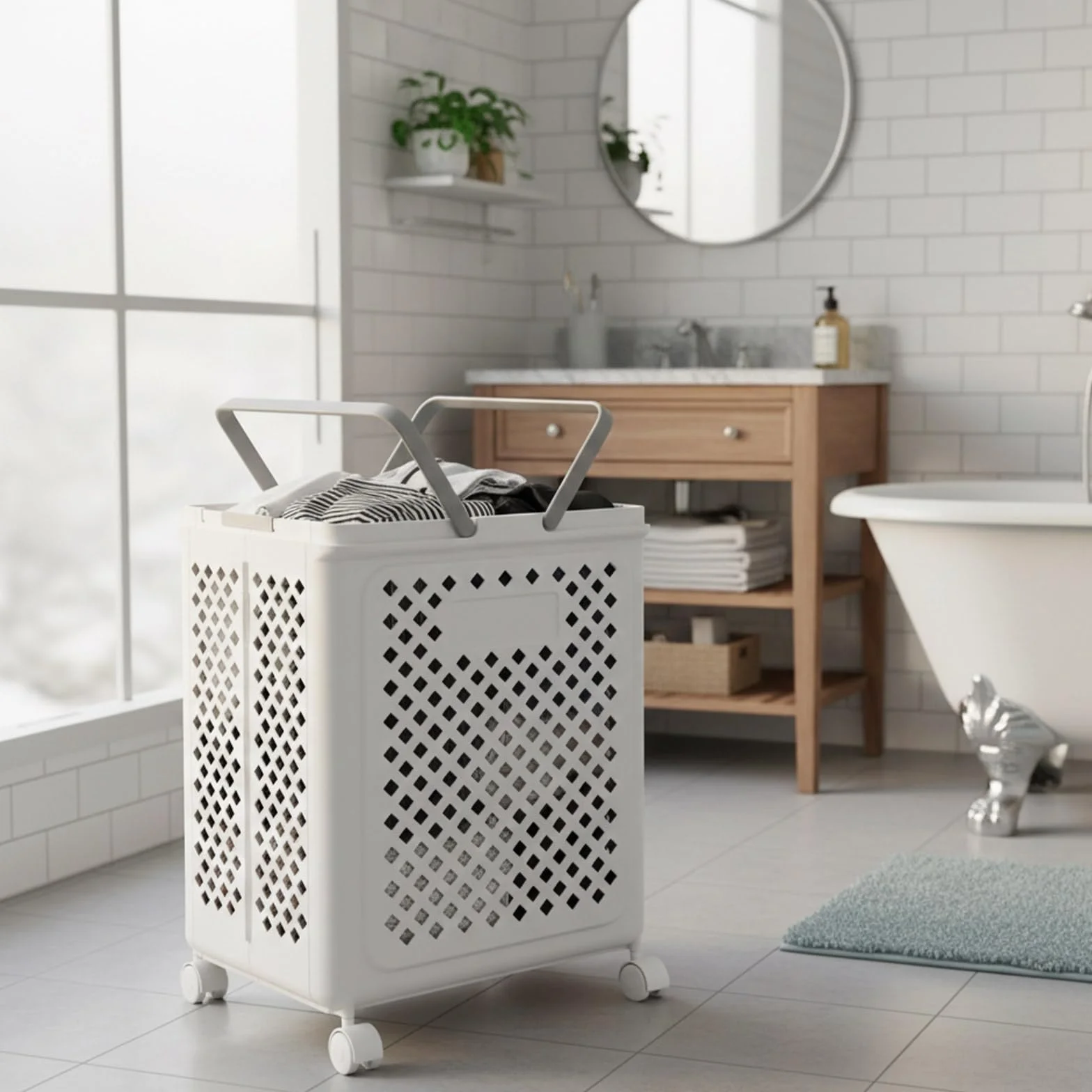 50 L Cesto de Ropa Sucia con Ruedas Cesta Plegable para Colada,Lavandería de Plástico Plegable con Asas Ergonómicas para Dormitorio Baño Lavandería y Espacios Reducidos