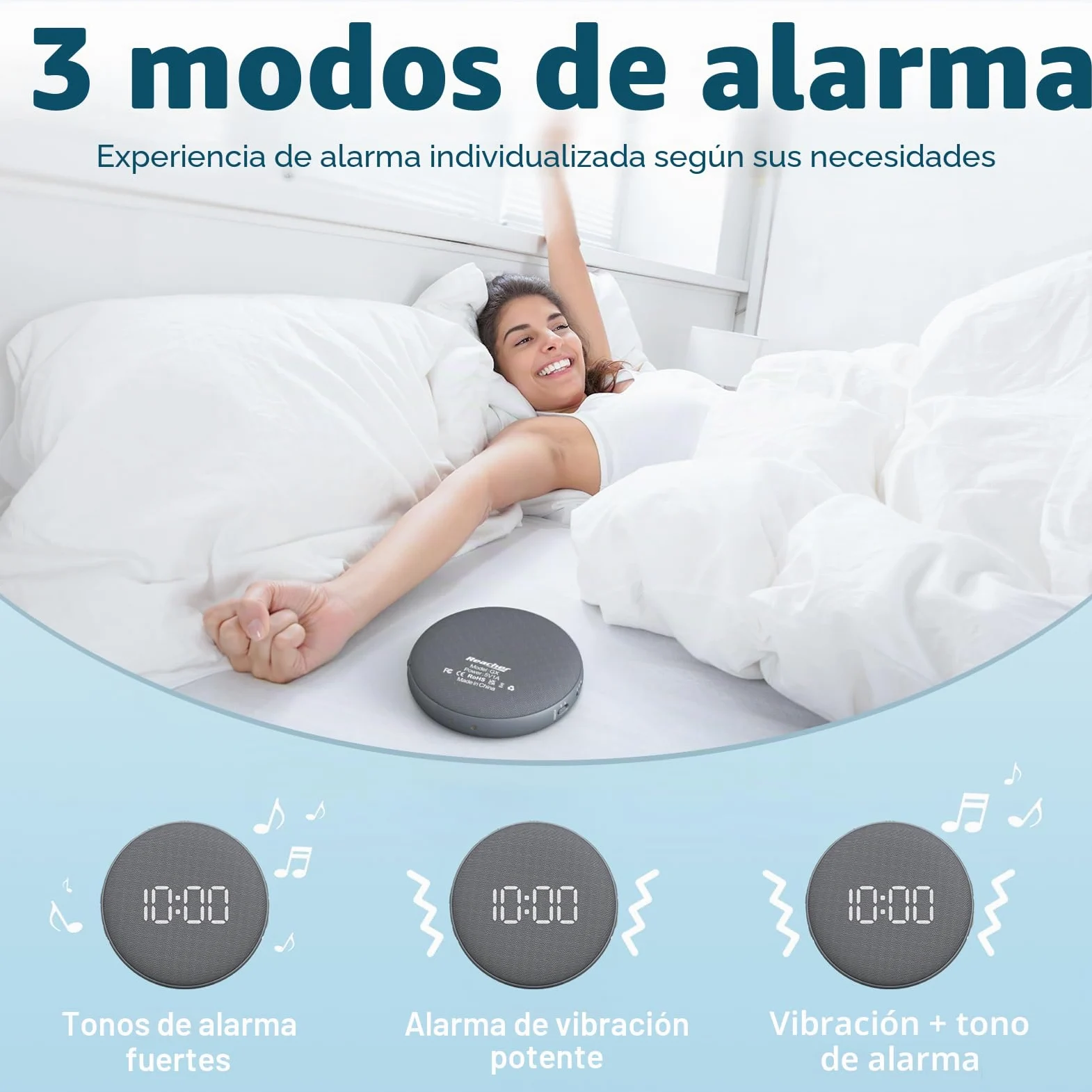 REACHER Despertador con vibración Extra Fuerte para Personas Que Duermen profundamente, Adultos y jóvenes, cojín vibratorio con batería, fácil de Viajar, Ajuste automático de Brillo