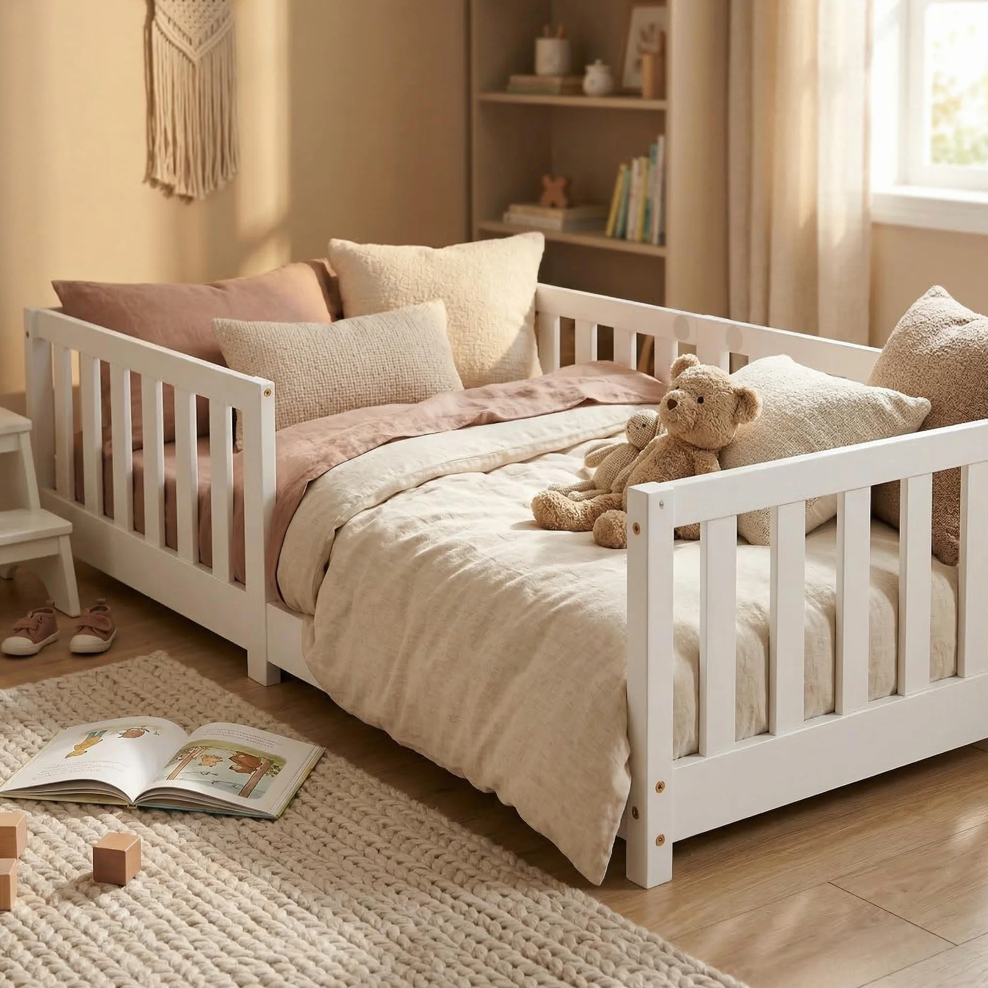 ecomi® Cama para niños 90x200 con protección contra caídas y somier, madera maciza de pino blanco