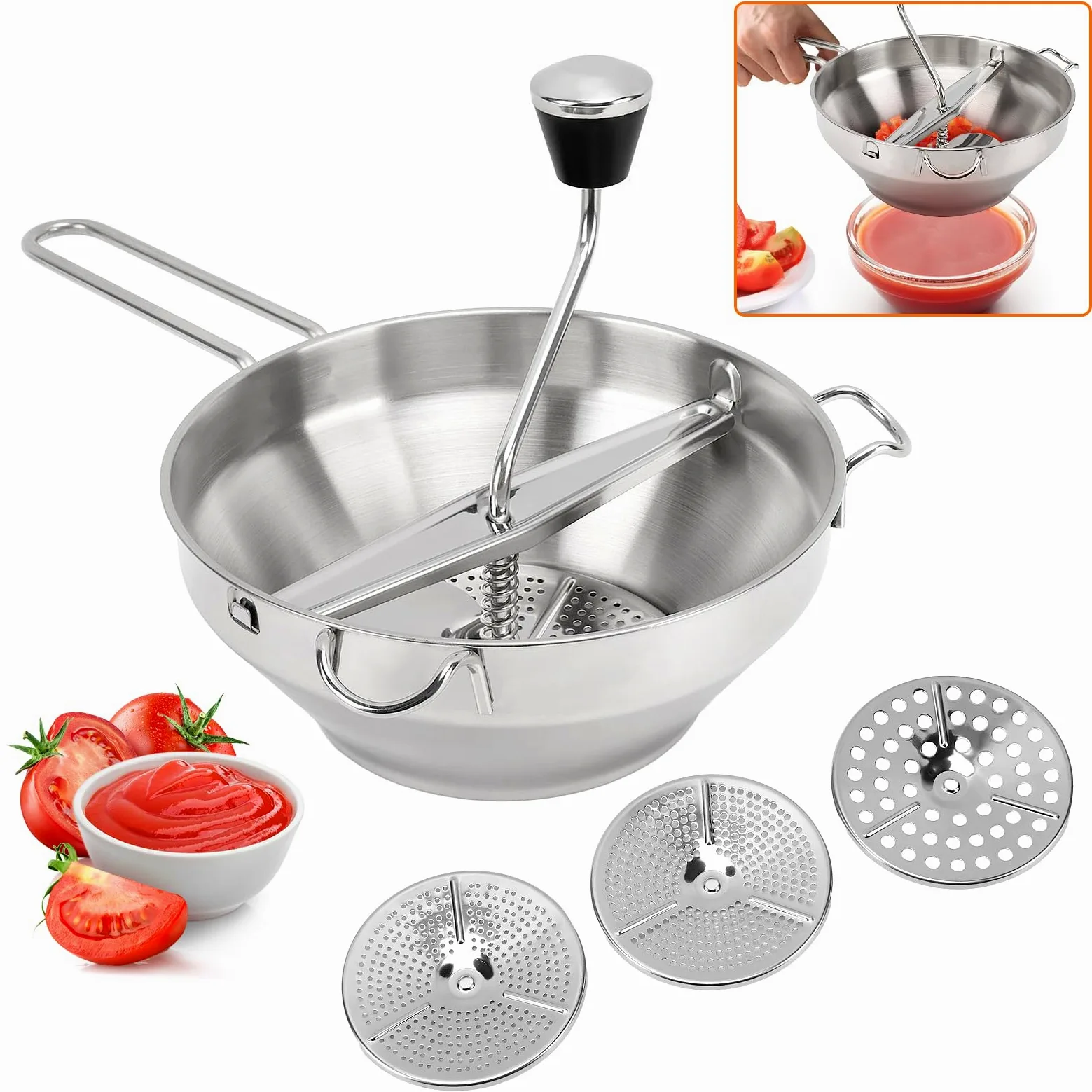 Molinillo de alimentos de acero inoxidable, prensa de patatas con 3 placas de trituración intercambiables, trituradora manual de alimentos, molinillo de cocina para macerar, tamizar frutas