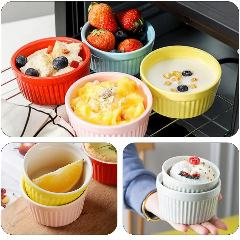 Juego de cuencos para hornear, 5 ramequines de cerámica para salsas, pudín y postres, ideal para crema brulee, servir aperitivos, esenciales de cocina aptos para horno