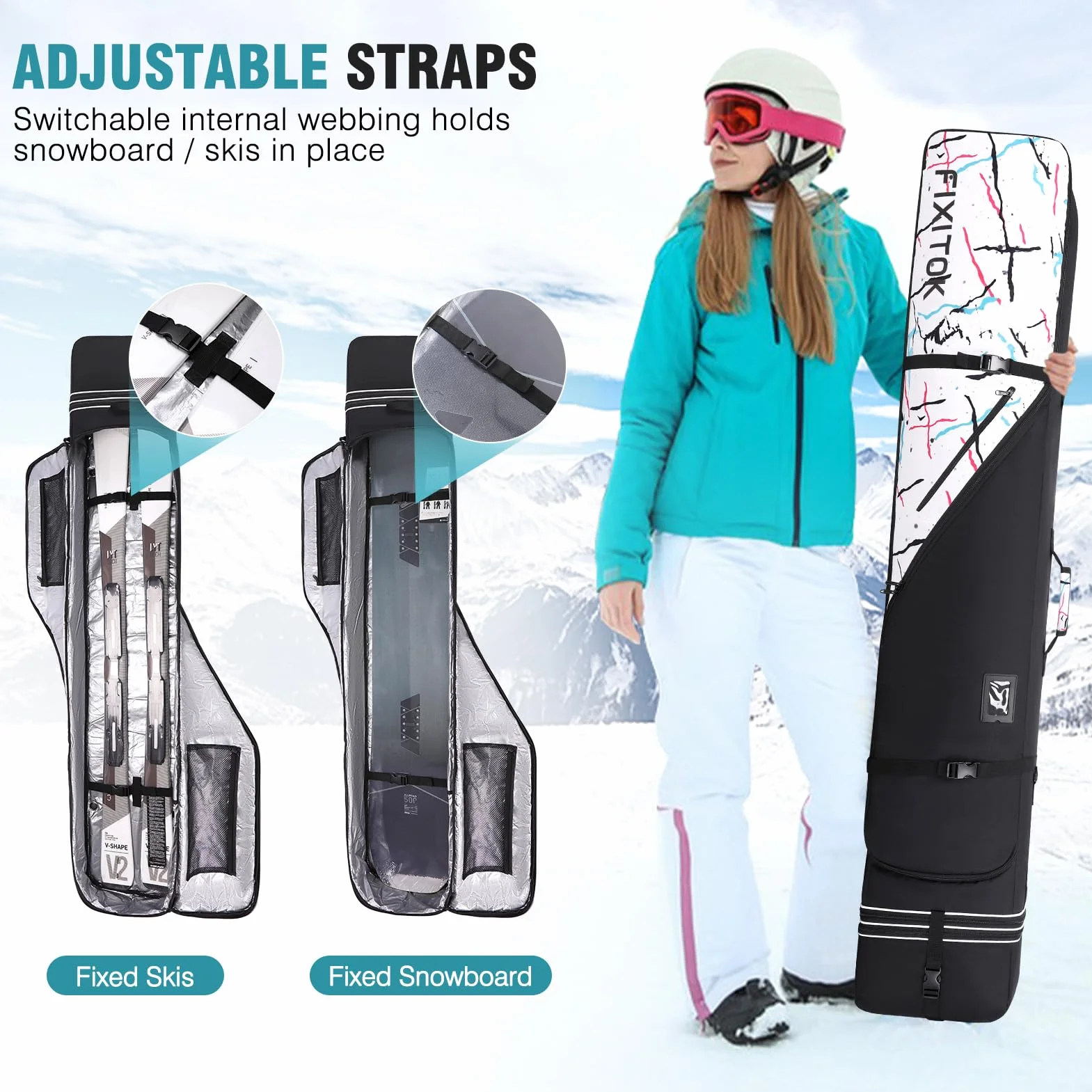 FIXITOK Bolsa de Snowboard y Esquí Impermeable Acolchada 157-181 cm