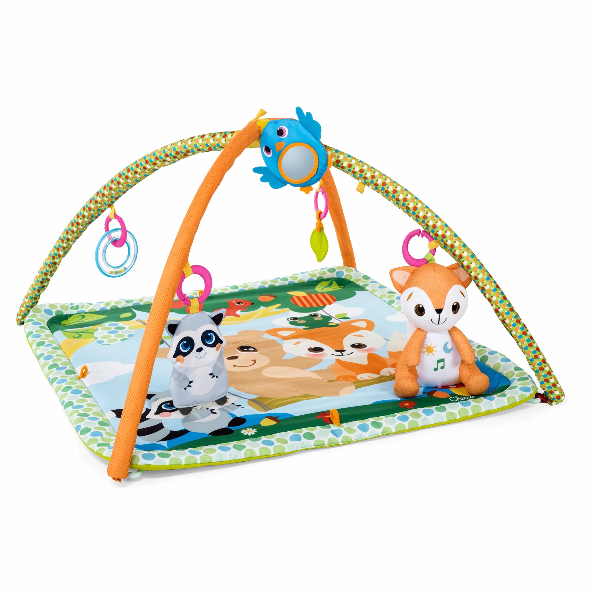 Chicco Descansa y Juega, Gimnasio Multifunción con Arco para Bebés, Manta de Actividades, 5 Muñecos Colgantes Extraíbles, Zorro de Peluche, Música Relajante y Luces Suaves – Juguetes Bebé 0+ Meses