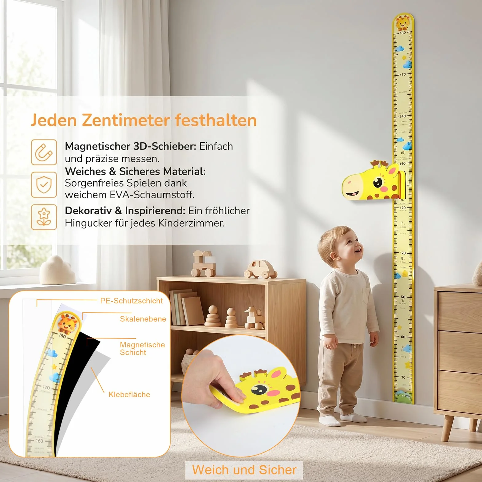 Medidor de crecimiento infantil 3D jirafa magnético 65-180 cm