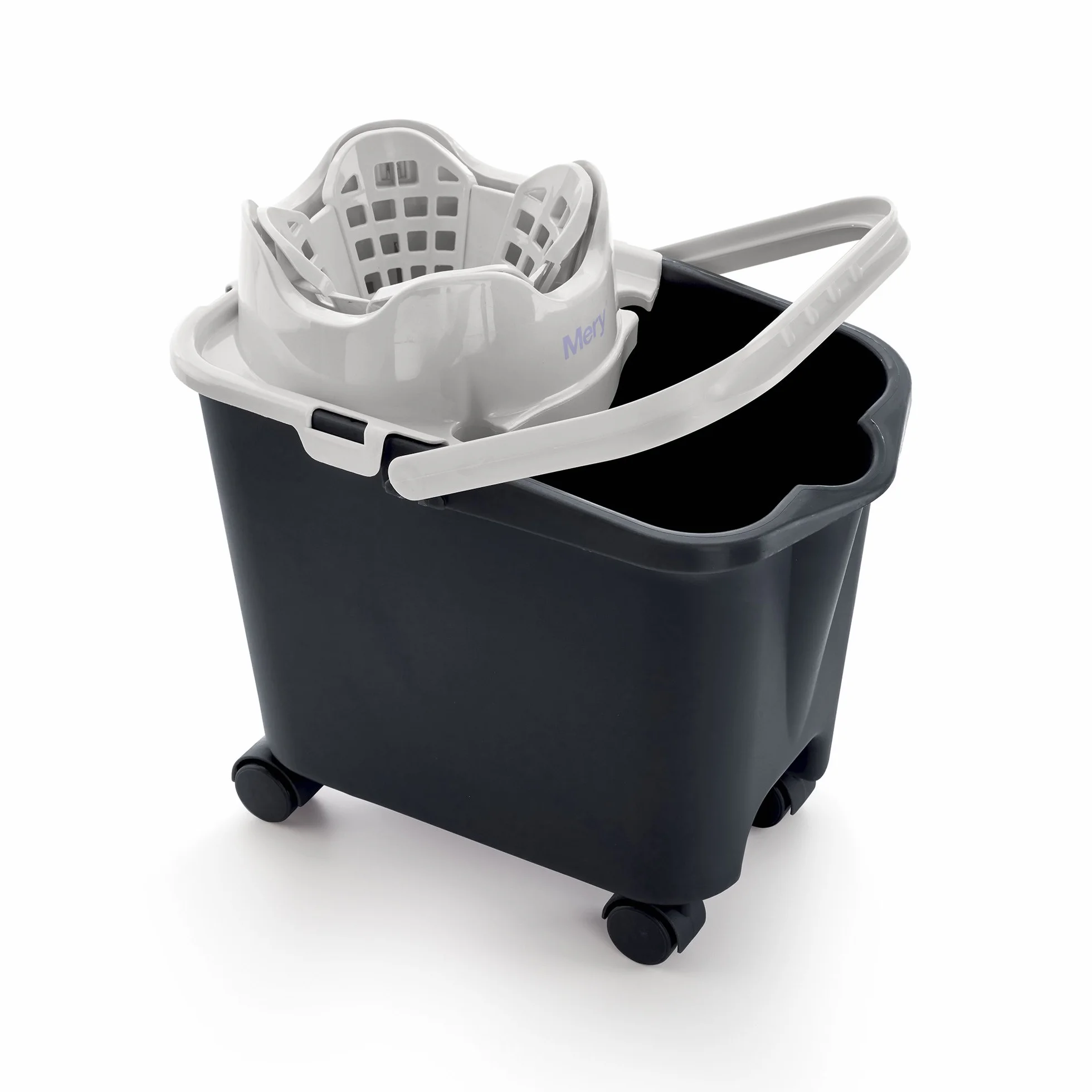Mery | Cubo con Escurridor Automático | Cubo Fregona con Ruedas | Capacidad: 14L | Polipropileno | Acero | Gris Claro y Gris Oscuro