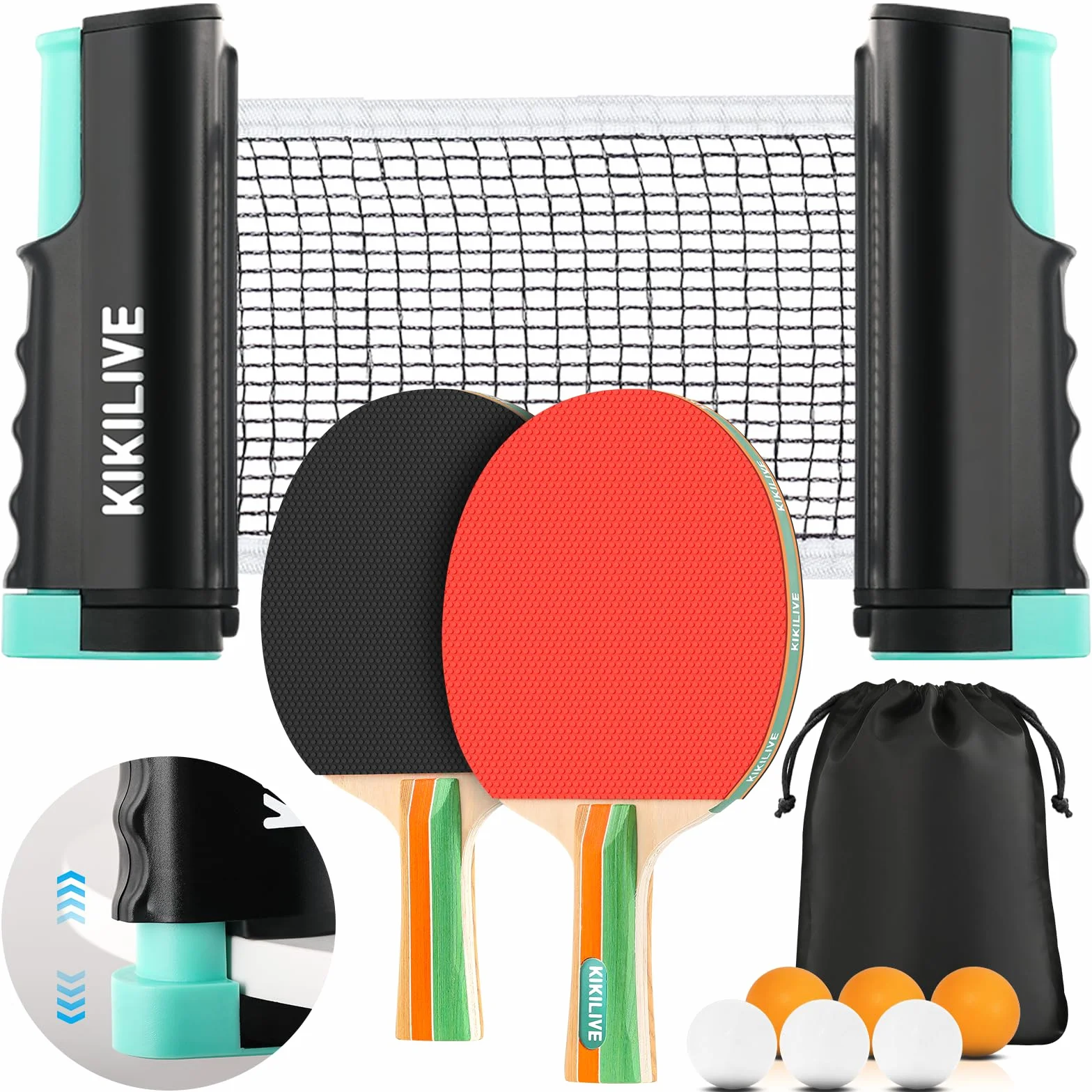Set de Ping Pong Portátil con Red Extensible, 2 Paletas, 6 Pelotas y Bolsa de Transporte