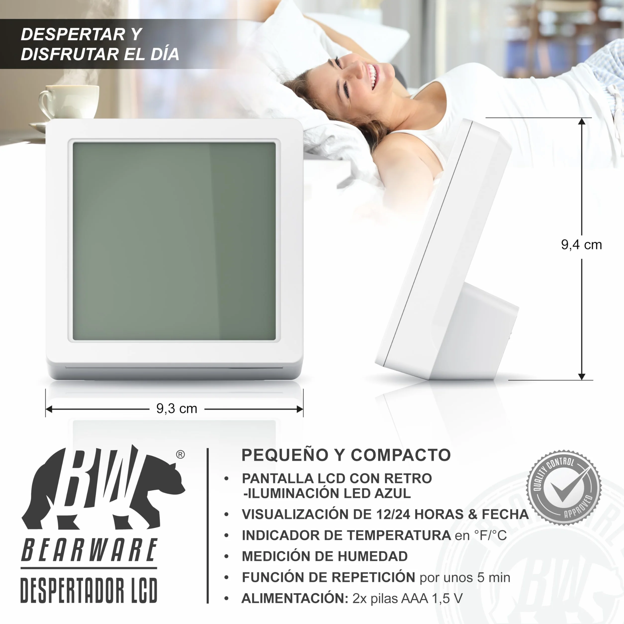 Reloj Despertador Digital con 10,3cm Pantalla LED de Temperatura Humedad Fecha y día, Alarm Cloc Snooze Termómetro Formato 12/24 horas, Reloj digital de Mesa de Viaje para Sala de Oficinas Familiares
