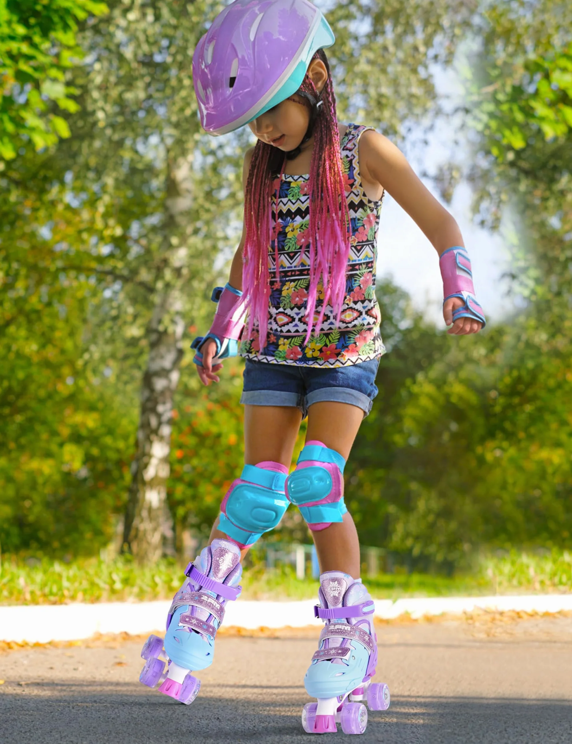 2PM SPORTS Patines de 4 Ruedas Rosa Violeta Niñas Ajustables para Niños Principiantes Interior Exterior