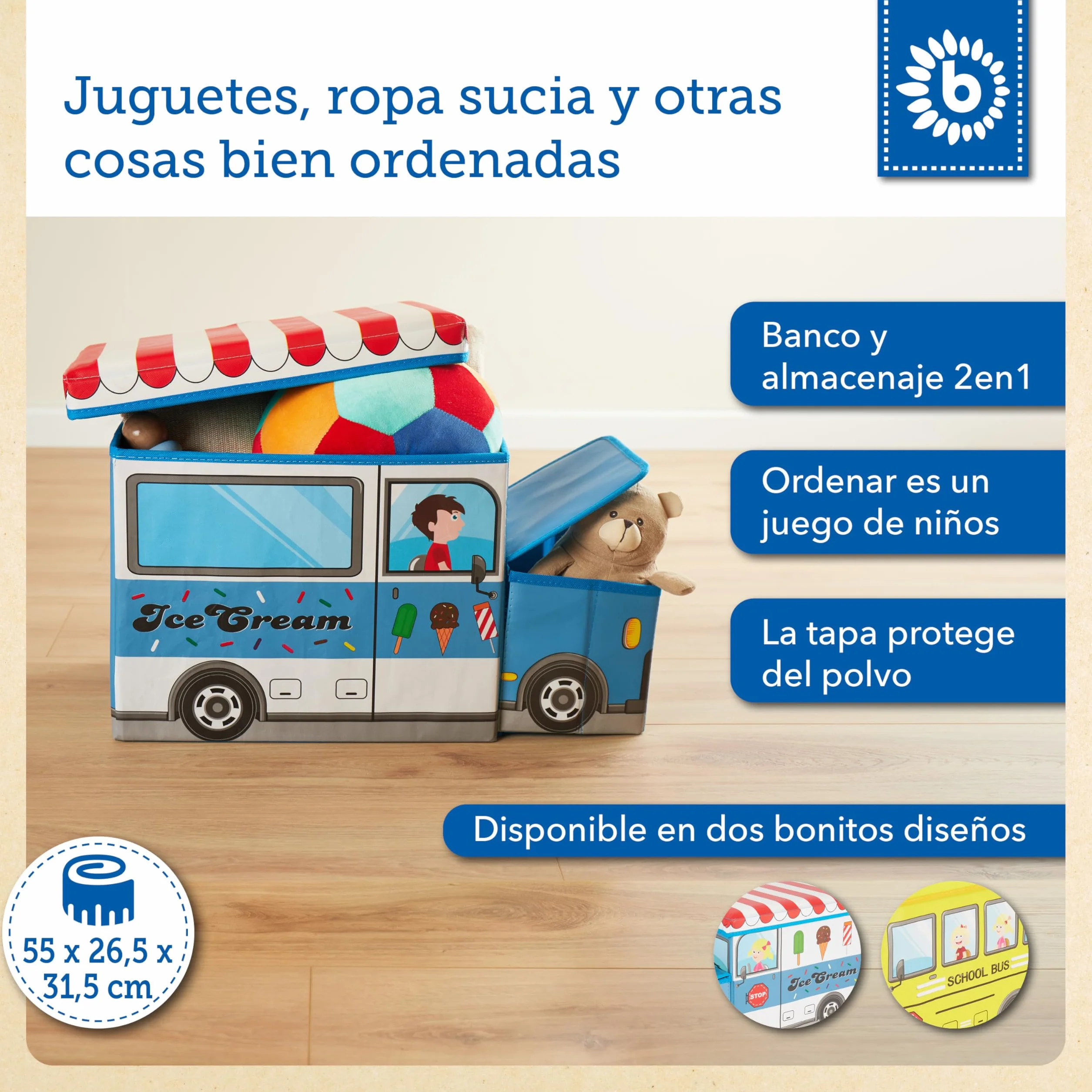 Bieco Baúl Juguetes Infantil Plegable Icecream Taburete Asiento Acolchado 80 Kg 46 L