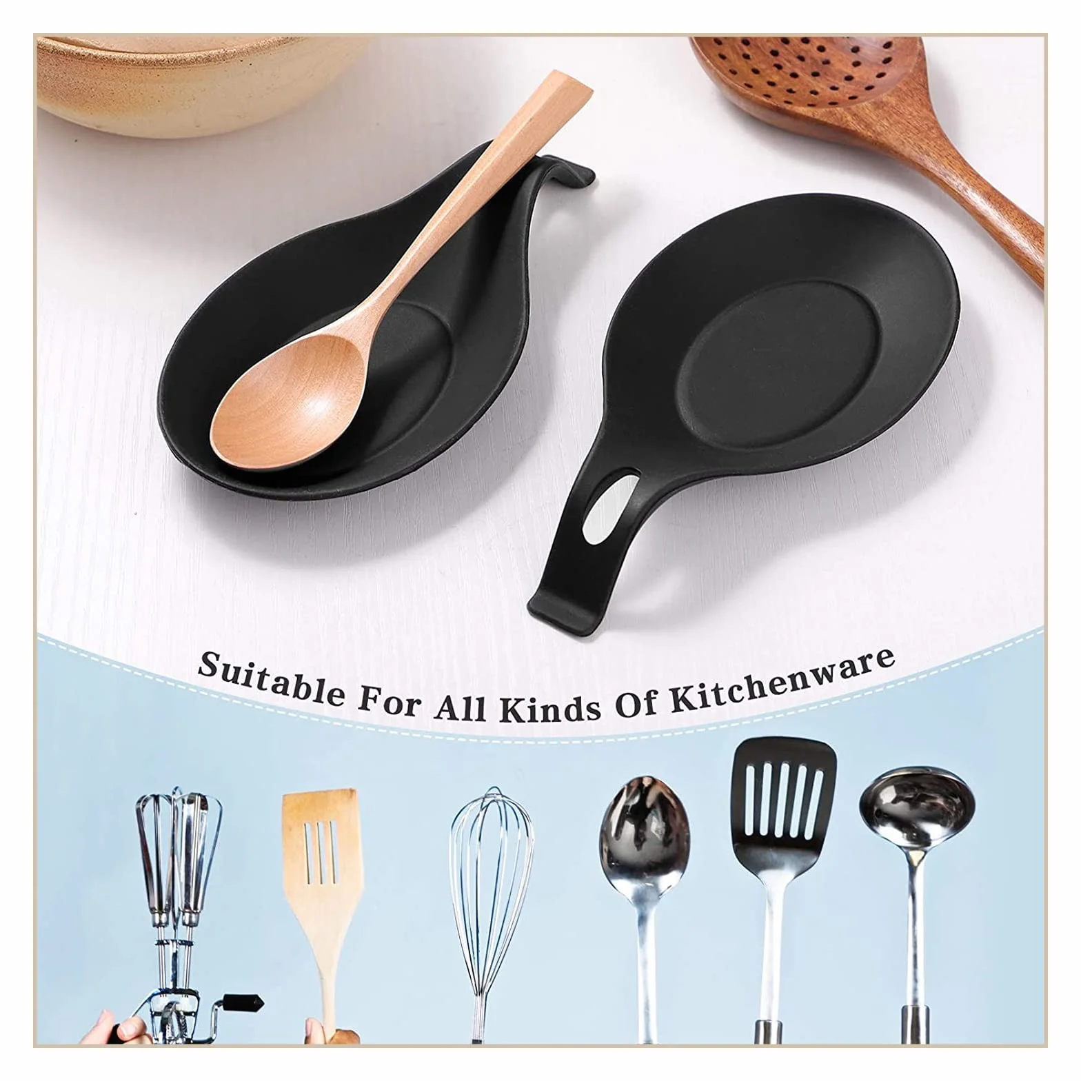 2 Piezas Kitchen Silicone Big Spoon Rest, Reposa Cucharas Silicona de Grado Alimenticio, Soporte De Cuchara Negro, para Cocina Hogar Comedor Utensilios de Almacenamiento de Cocina - Negro