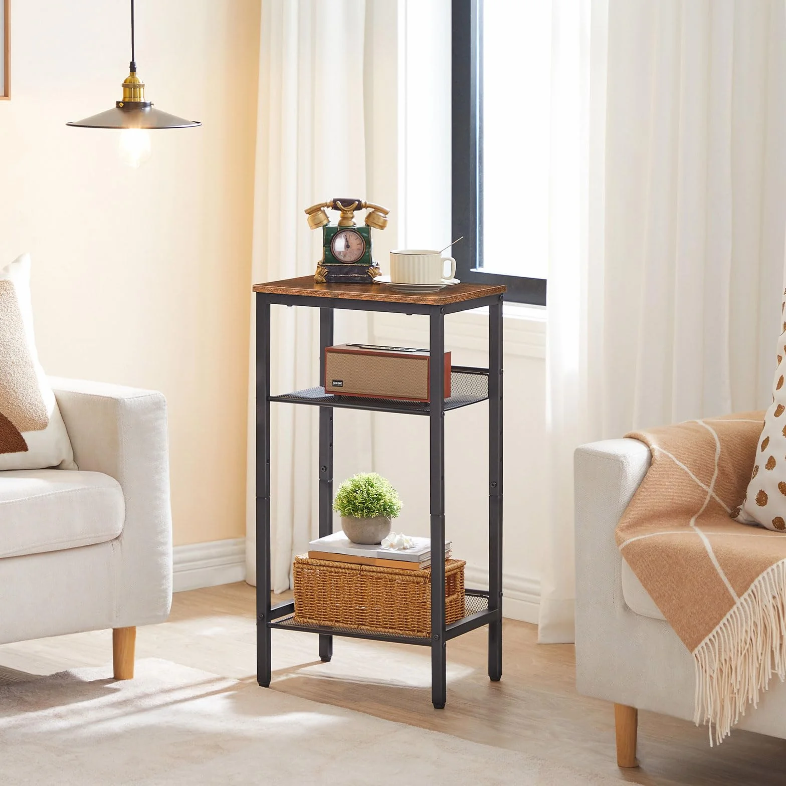 HOOBRO Mesita Auxiliar, Mesilla de Noche, Mesita de Teléfono, Estantes de Malla Ajustables, para Oficina y Sala de Estar, Estilo Industrial y Madera, Alto y Estrecho, Marrón Rústico EBF01DH01G1