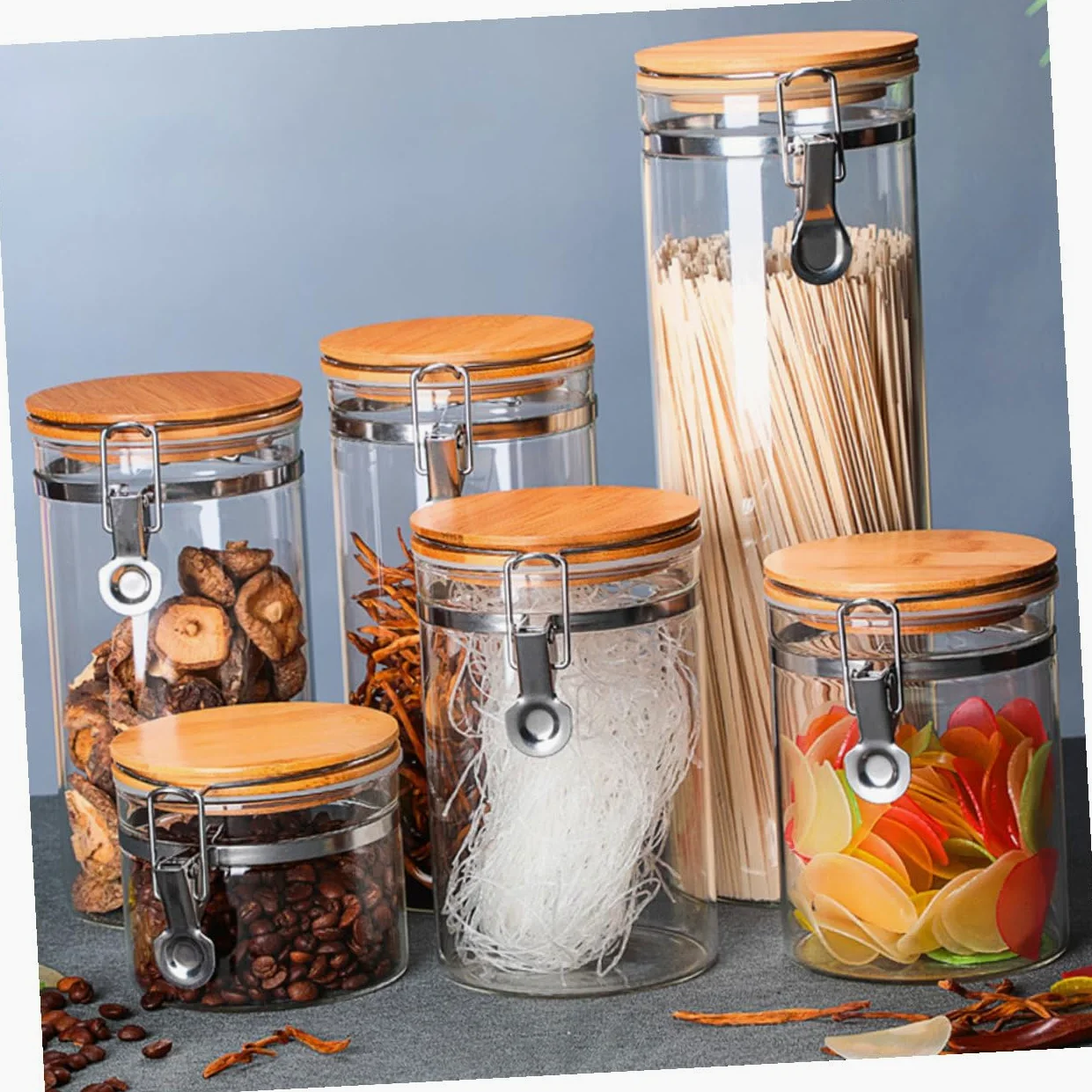 POPETPOP Tarros Herméticos para Almacenamiento de Harina y Alimentos de Vidrio y Acero Inoxidable Tapa de Madera Set de 2 Diseño Claro y Estructura Estable en Cocina