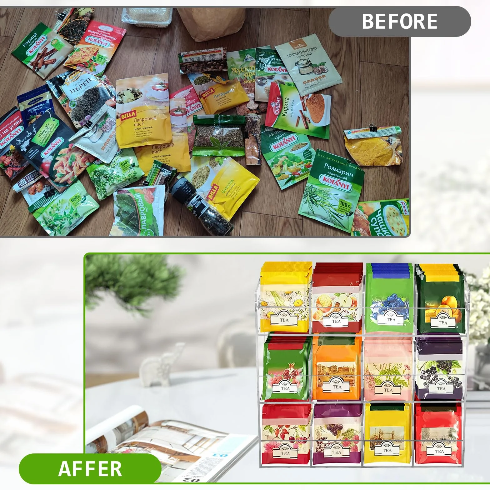 Organizador Infusiones de Acrílico, Caja Infusiones Vertical con 12 Compartimentos para 216 Bolsas de Té, Estante de Té Contenedores para Paquetes de té, Café, Azúcar
