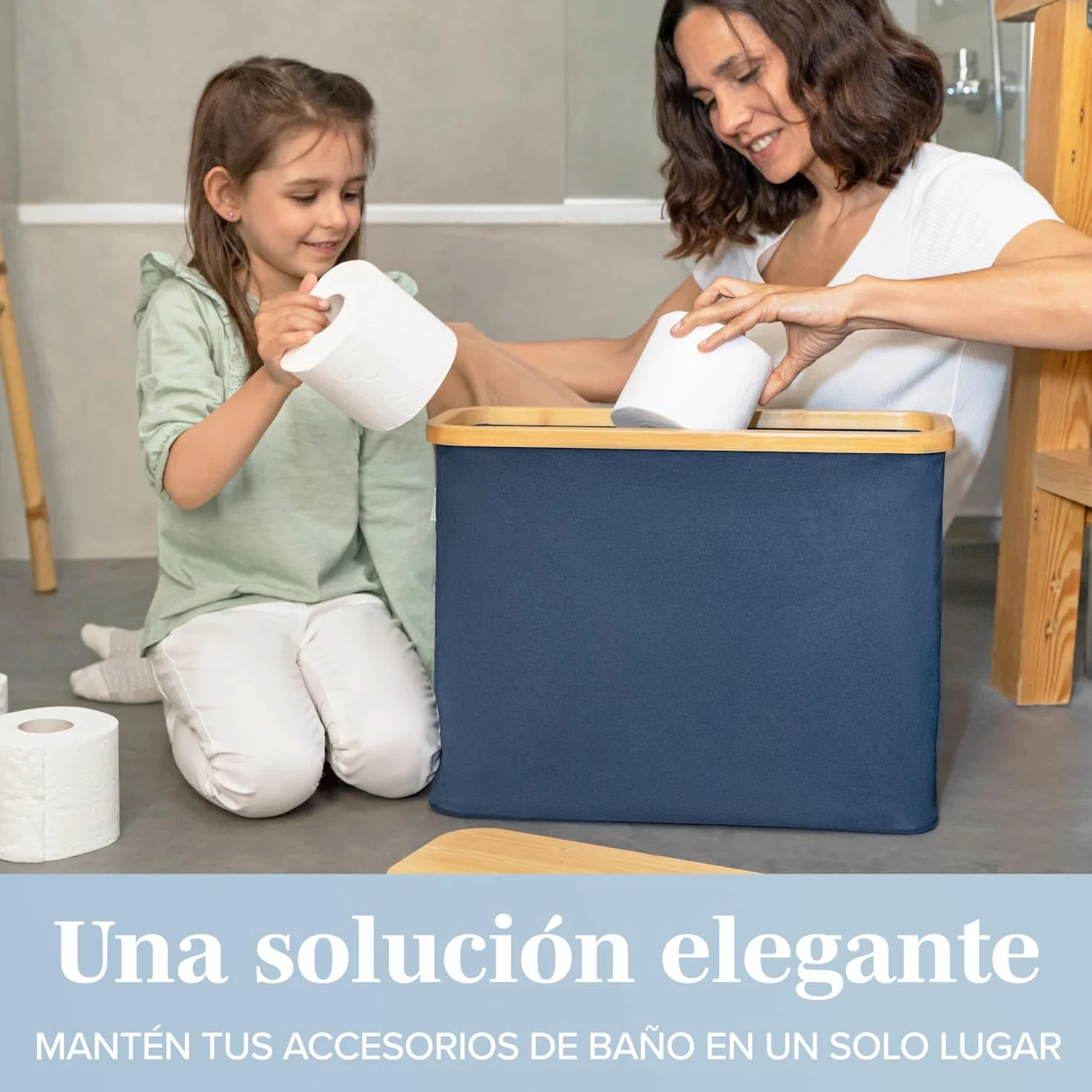 LONBET para 12 Rollos Almacenaje Papel Higienico con Tapa de Bambú - Almacenamiento Baño Plegable e Impermeable - Diseño Elegante y Apilable con Montaje Rápido - Toilet Paper Storage, Azul