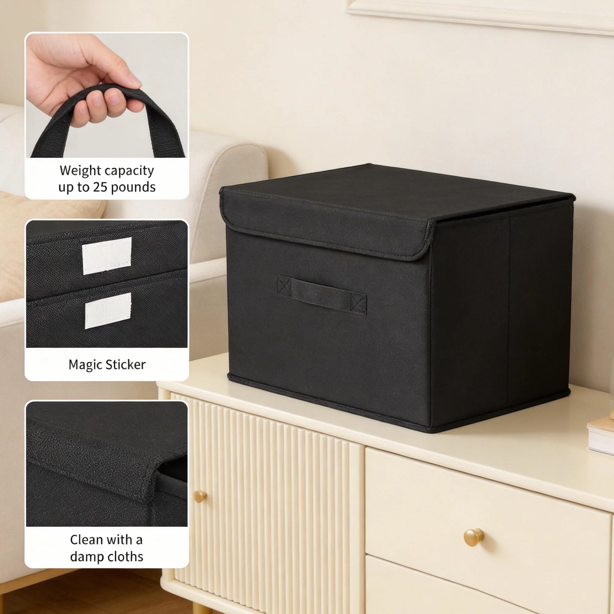 DIMJ 4 Piezas Cajas Organizadoras con Tapa Cajas de Almacenamiento Plegables Fabricadas en Tela con Asas Ideal Para Guardar Ropa, Zapatos, Ideal Para Guardar Juguetes, Ropa Y Cachivaches, Negro