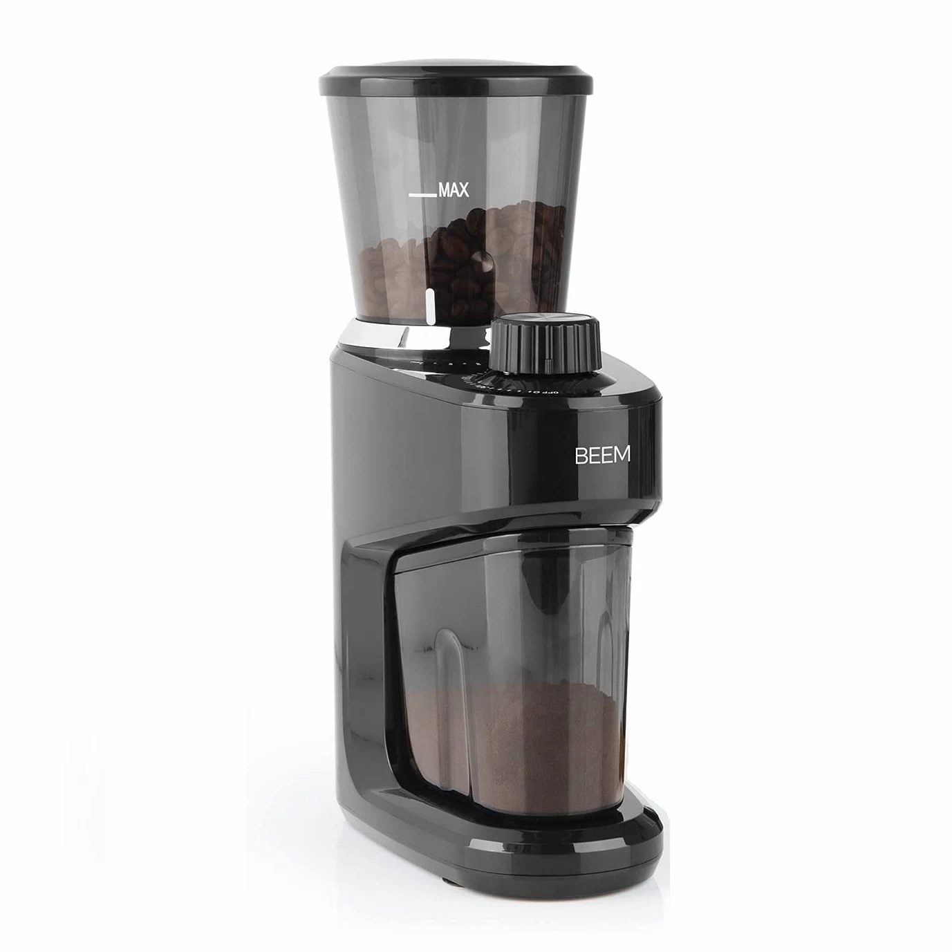 BEEM 3980 Grind-Intense Molinillo de café eléctrico, 160 g, mecanismo cónico de acero inoxidable, ajuste de grado de molienda de 15 niveles, recipiente de granos extraíble, 150 W