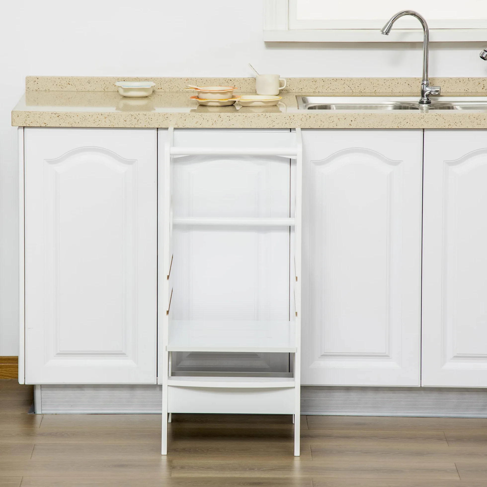 HOMCOM Torre de Aprendizaje Madera Niños Taburete Cocina Infantil Altura Ajustable 3 Posiciones Barra Seguridad 40x50x90 cm Blanco